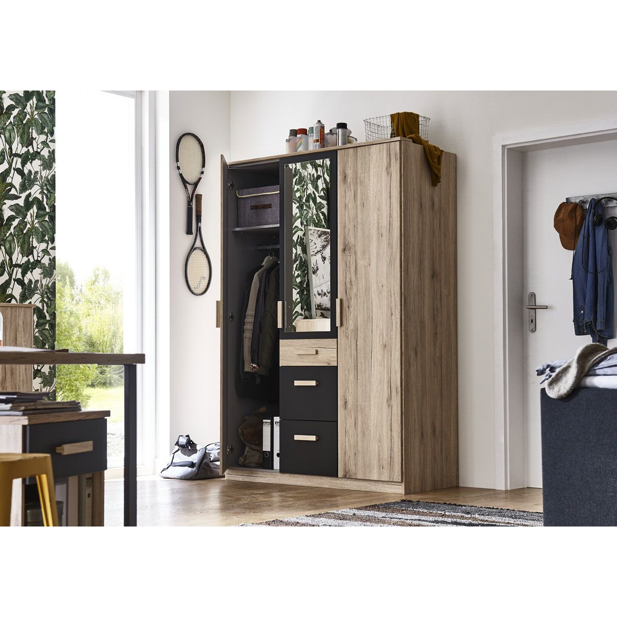 Wimex Cariba Kleiderschrank 3-türig mit Spiegel San Remo-Eiche-Nachbildung / Graphit