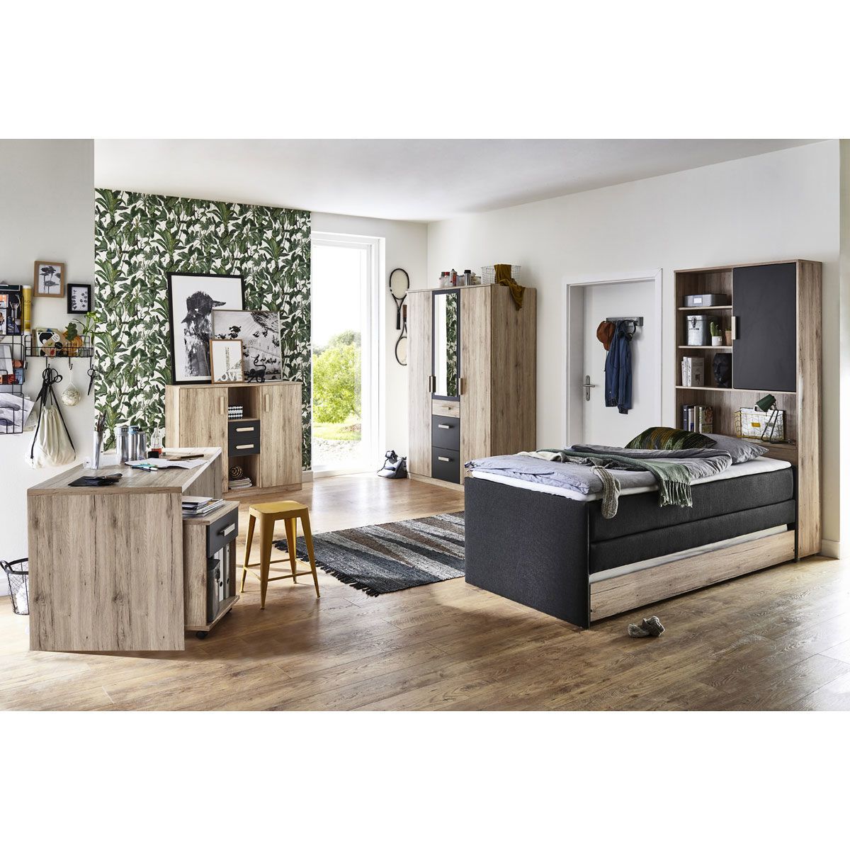 Wimex Cariba Jugendzimmer 3-teilig mit Spiegel San Remo-Eiche-Nachbildung/Graphit 3-türg. Schrank