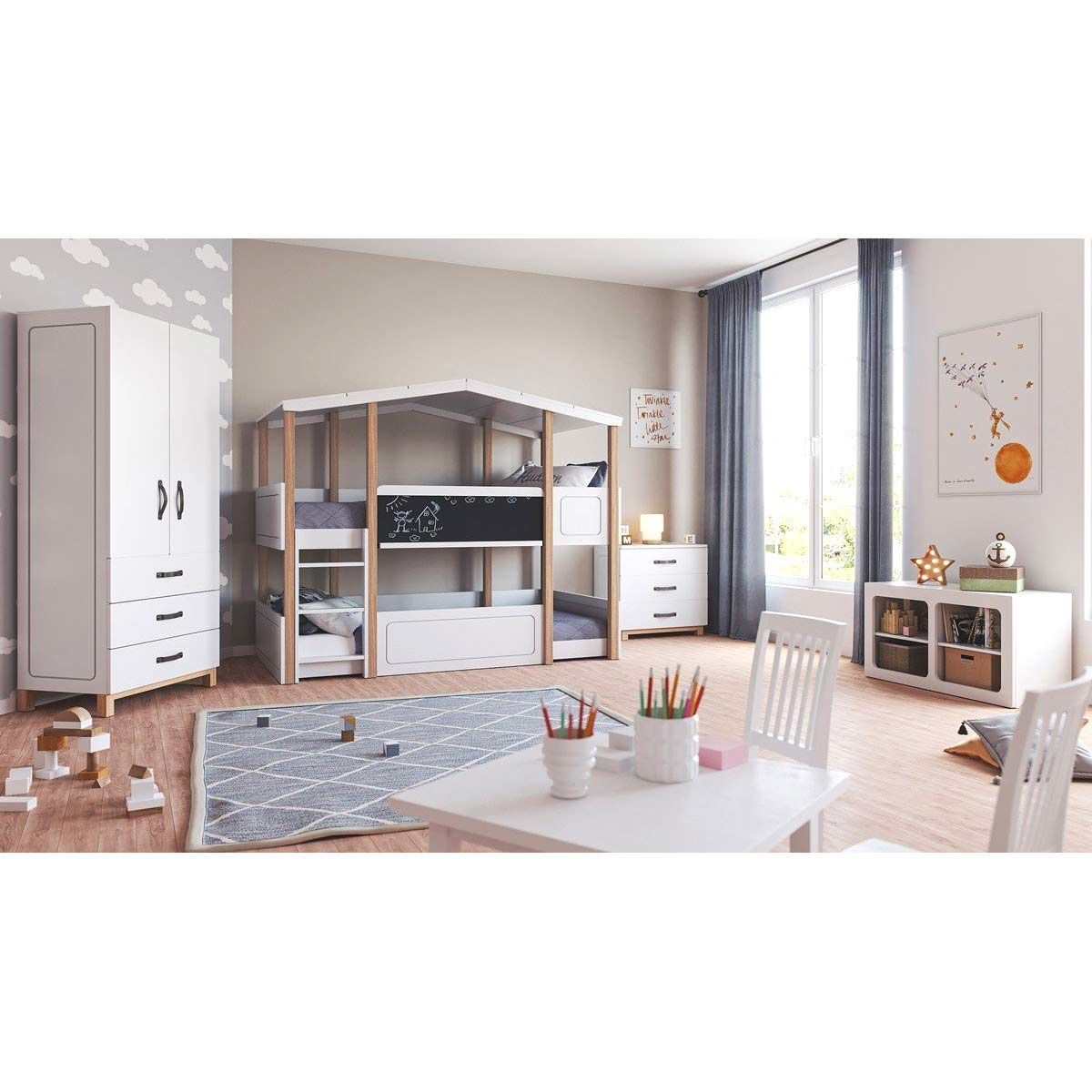Nature Kid Cory Kinderzimmer weiß/natur vierteilig mit Etagenbett mit Dach