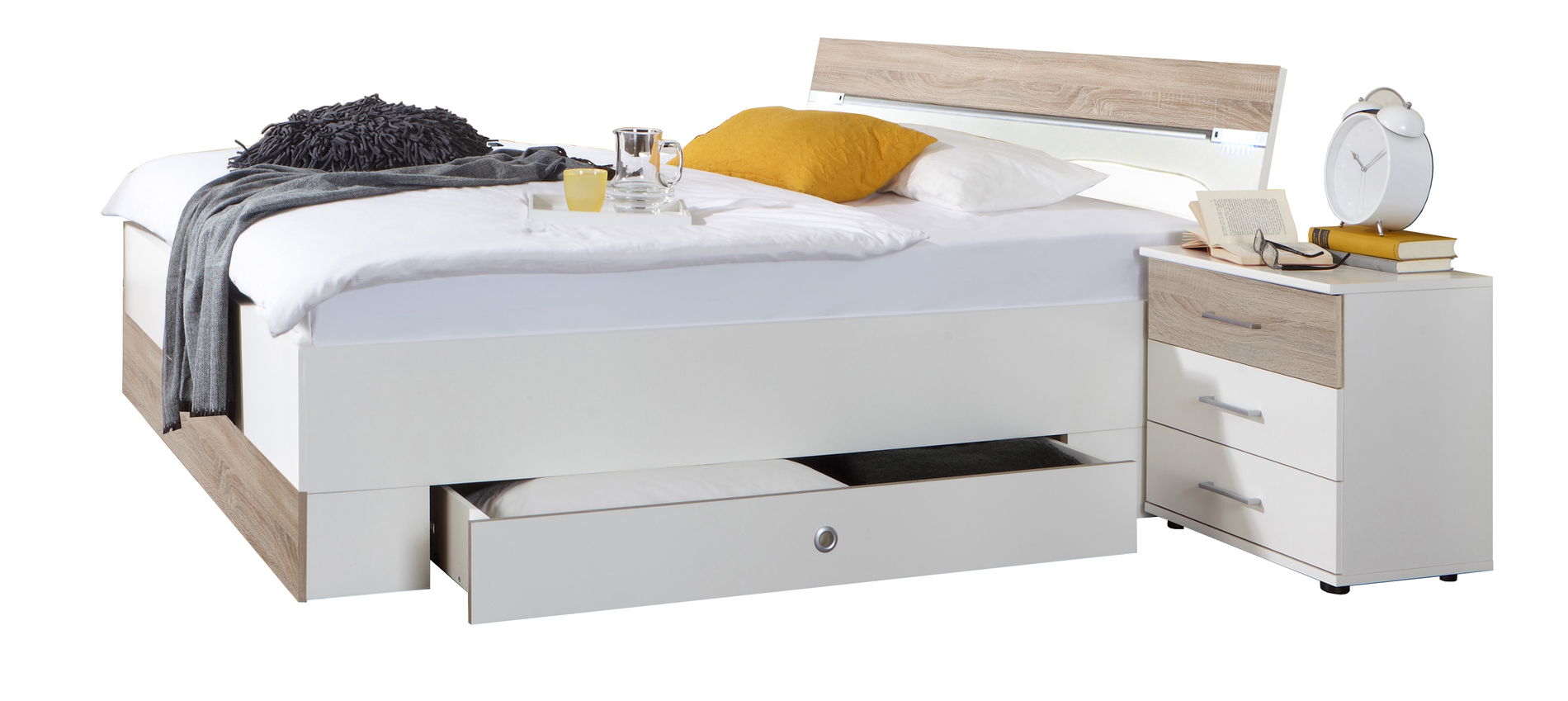Wimex Cheep Bett 180 x 200 cm inkl. Nachtschränke Weiß/Eiche sägerau-Nachbildung