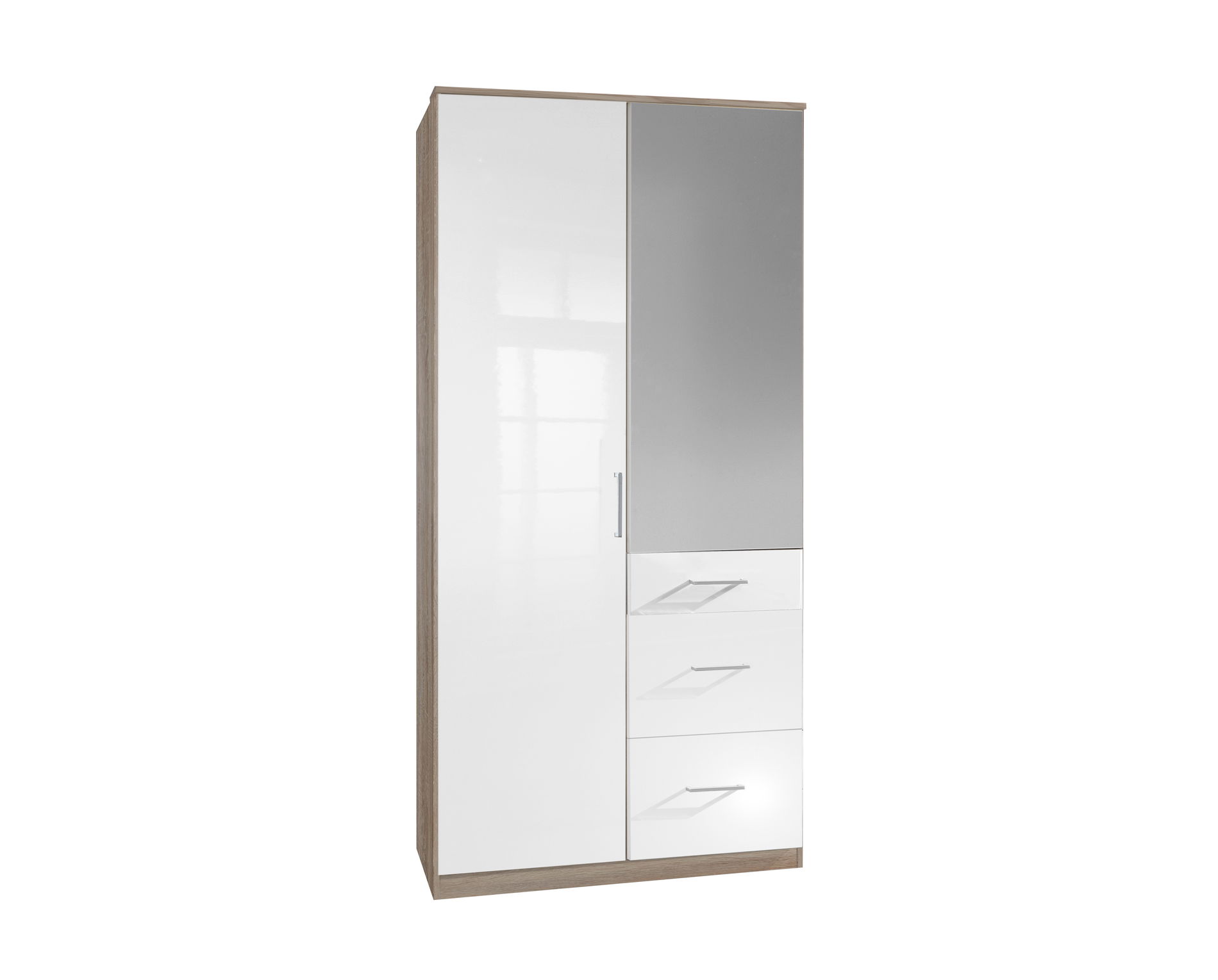 Wimex Clack Drehtürenschrank 90CM & Spiegel Hochglanz Lack Weiss/Eiche sägerau Nb