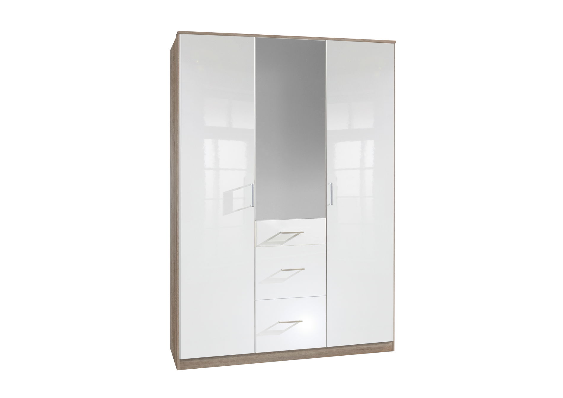 Wimex Clack Drehtürenschrank 135CM & Spiegel Hochglanz Lack Weiss/Eiche sägerau Nb