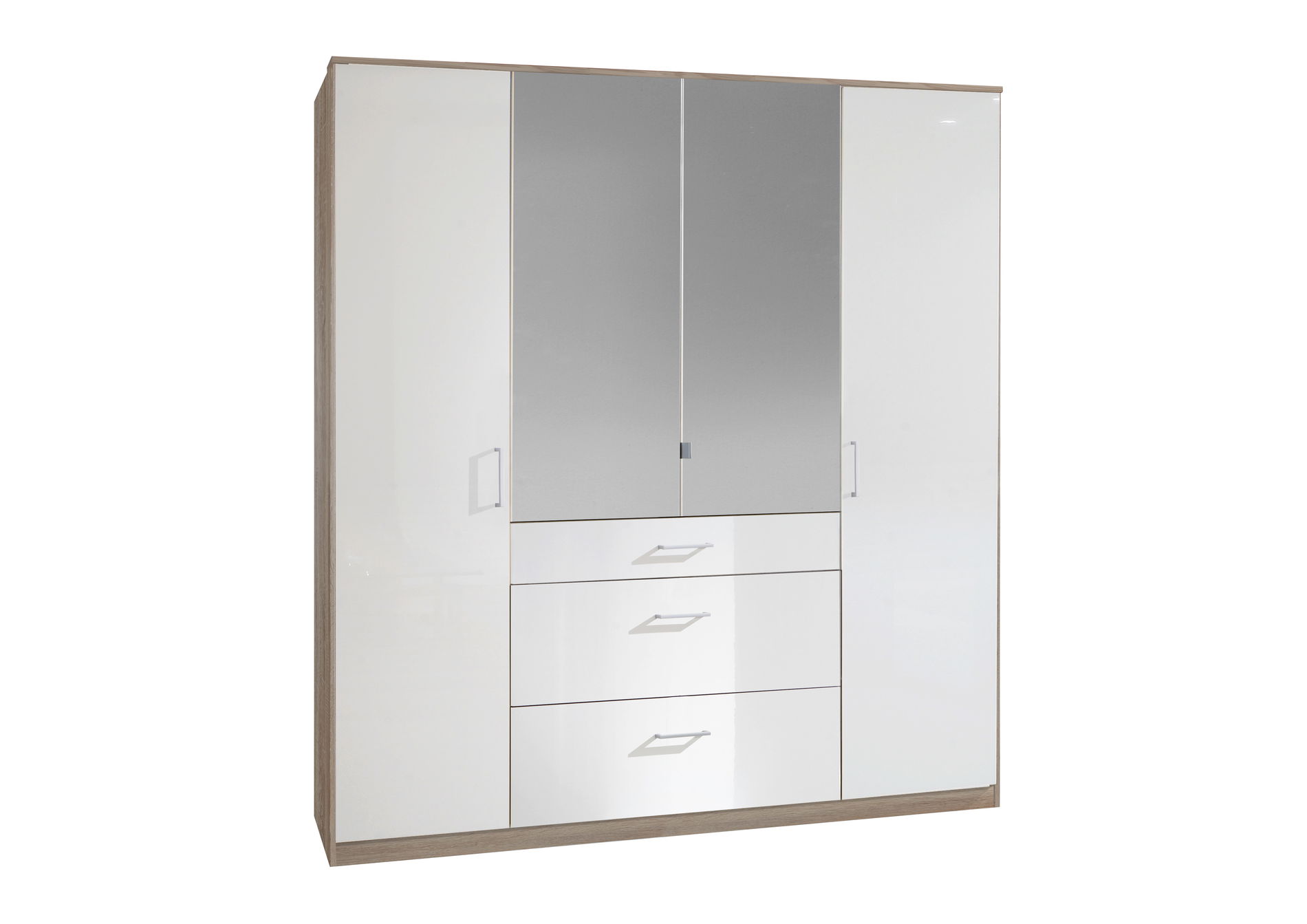 Wimex Clack Drehtürenschrank 180CM & Spiegel Hochglanz Lack Weiss/Eiche sägerau Nb