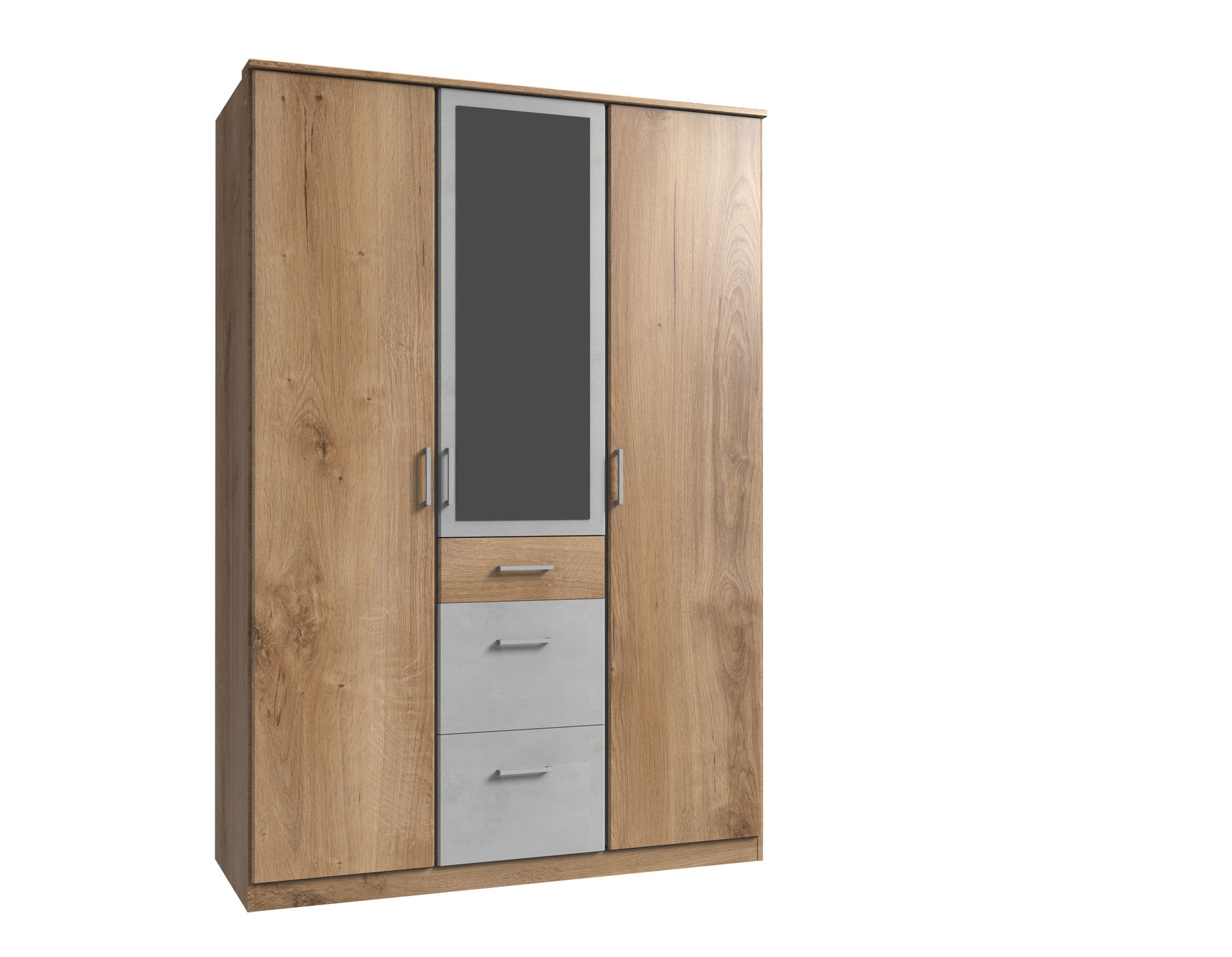 Wimex Click Drehtürenschrank 135CM & Spiegel Plankeneiche Nachbildung / Beton Nachbildung Lichtgrau