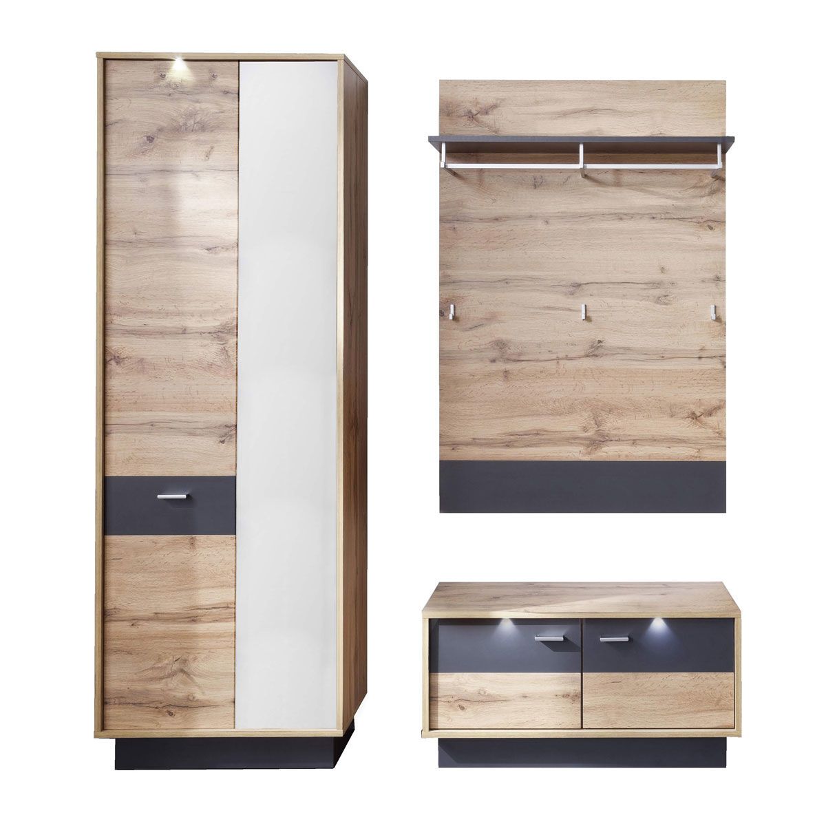 trendteam Coast Garderoben-Set 3-teilig Schrank breit | Wotan eiche / Grau melamin
