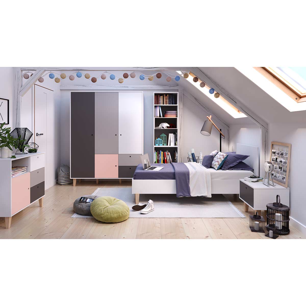 VOX Concept Jugendzimmer 3türig pink white/grey/graphite ( Bett: mit Concept Bettgestell 120x200 cm / 4015111)
