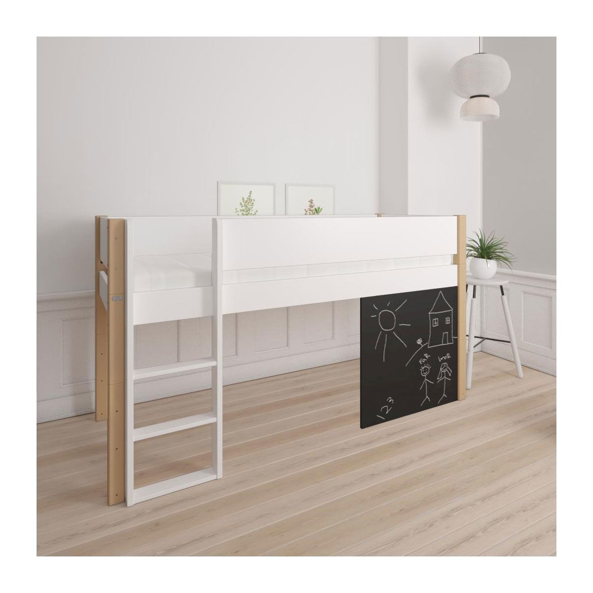 Manis-h Halbhohes Bett DEA 90x200 cm Pfosten Buche inkl. Tafel - 22 Farben wählbar
