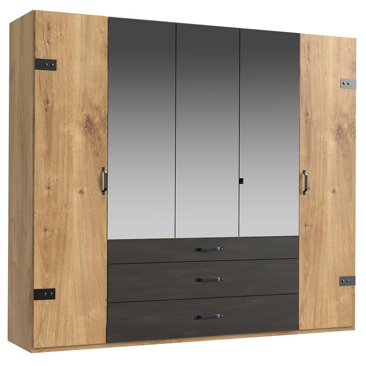 Wimex Detroit Kleiderschrank 250 cm 3 Spiegel Plankeneiche Dekor/Raw steel