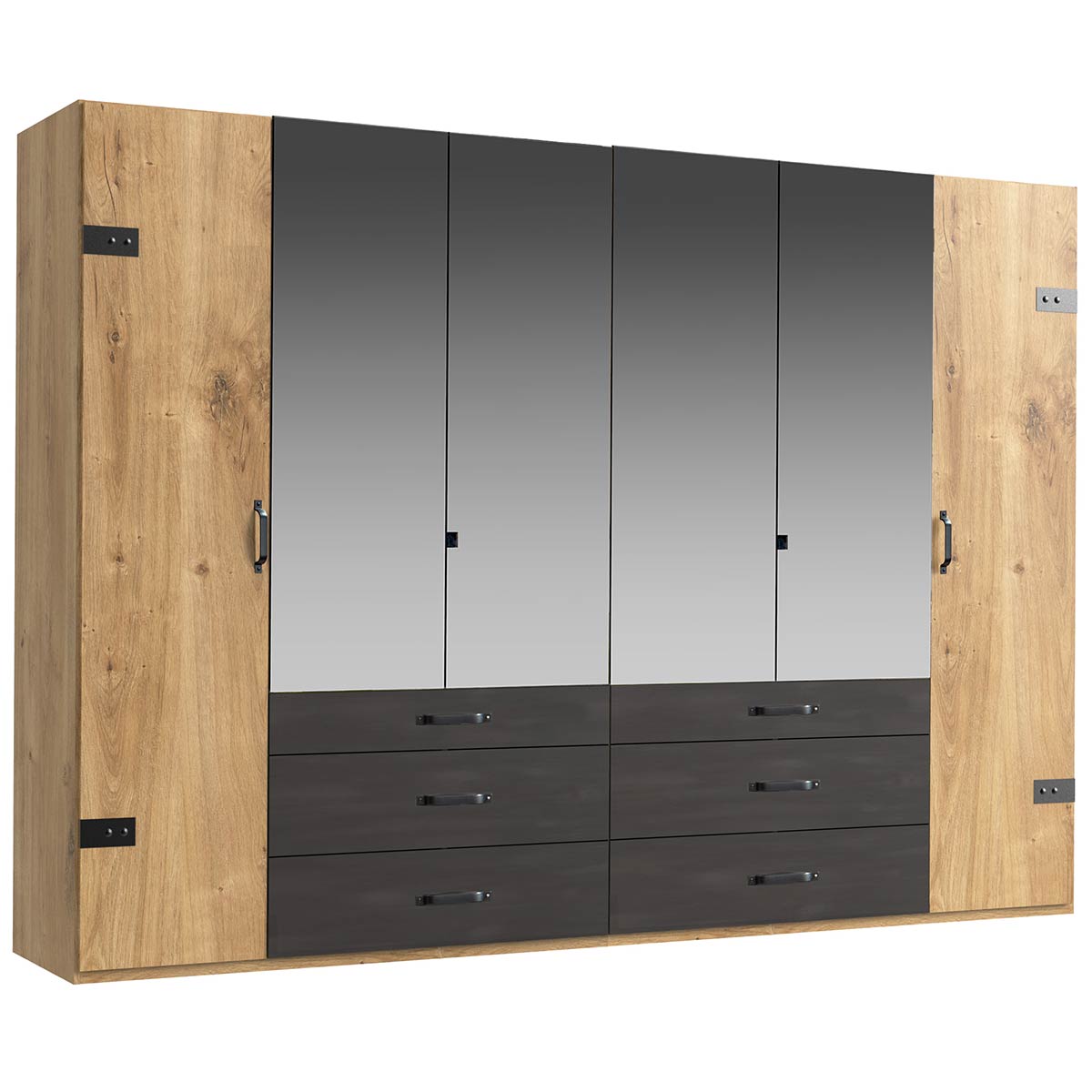 Wimex Detroit Kleiderschrank 300 cm 4 Spiegel Plankeneiche Dekor/Raw steel