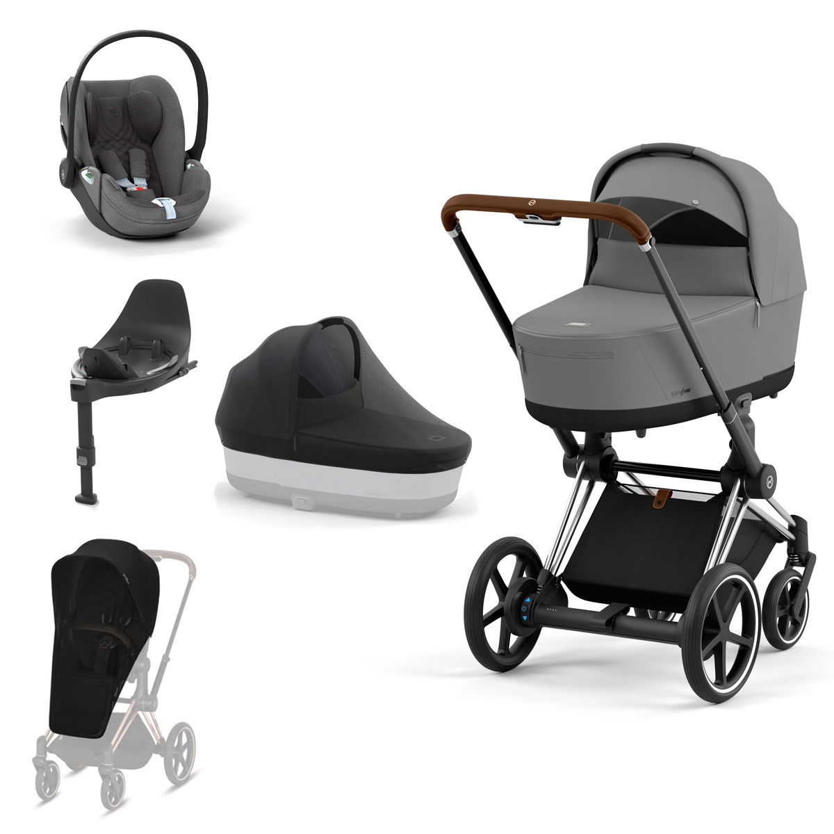 CYBEX e-PRIAM Kinderwagen Mirage Grey Bundle Plus New Generation inkl. Zubehörartikel