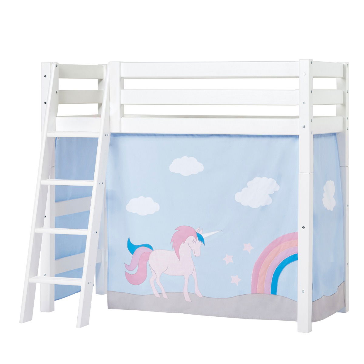 Hoppekids ECO Luxury Mittel-Hochbett 70x160 mit schräger Leiter und UNICORN-Vorhang