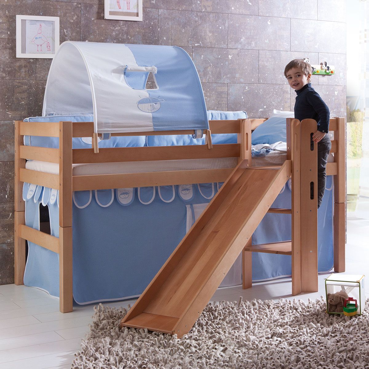 Relita ELIYAS Spielbett Buche massiv Natur mit Rutschenturm - zum Einzelbett umbaubar
