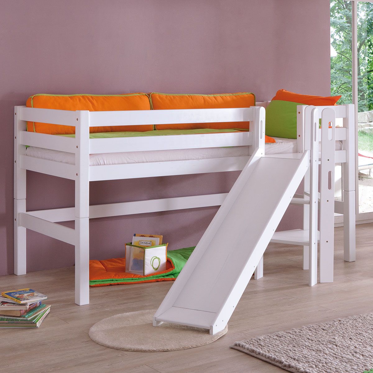Relita ELIYAS Spielbett Buche massiv weiß mit Rutsche - zum Einzelbett umbaubar