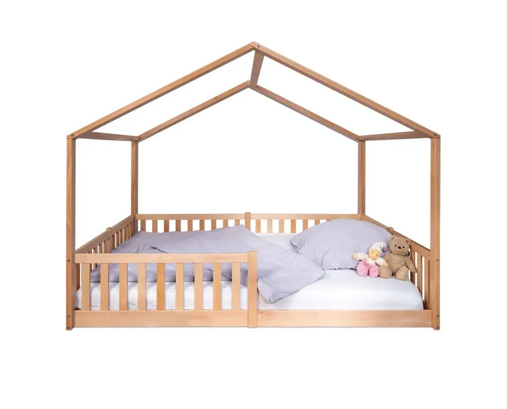 tiSsi® Bodenbett / Hausbett ENNO 140x200 cm Buche natur inklusive Dach