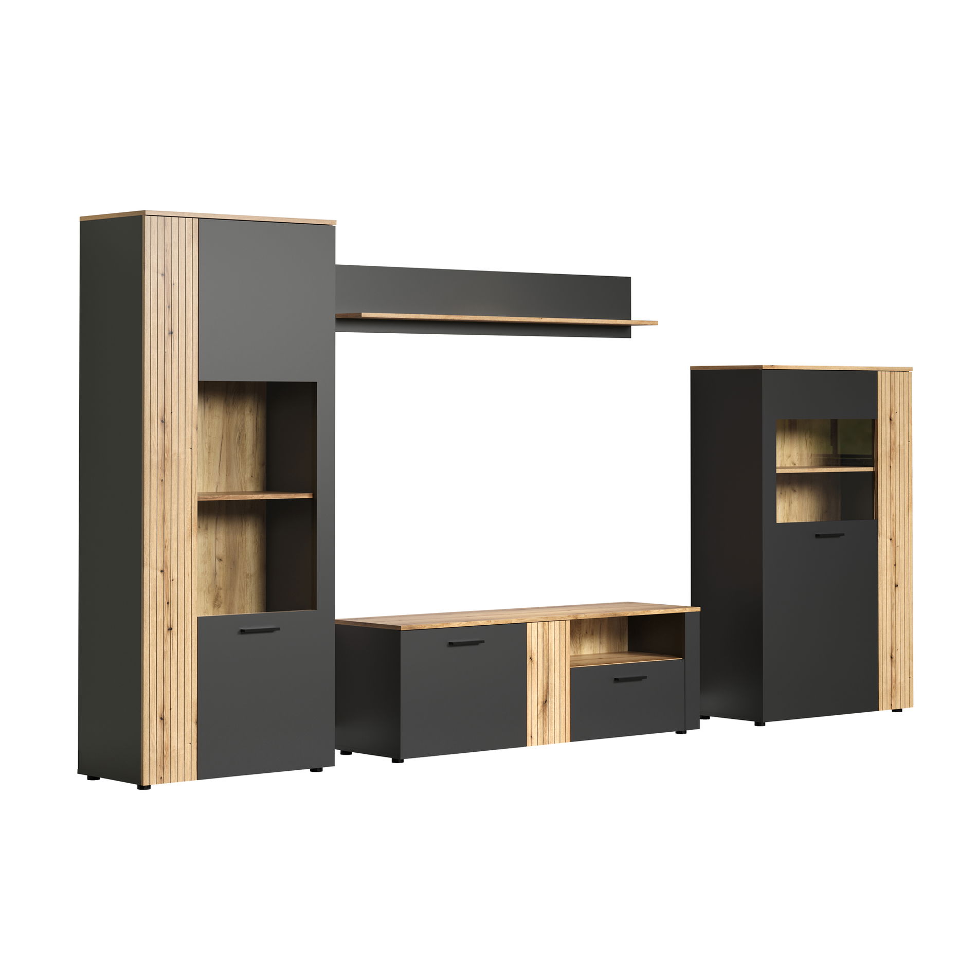 trendteam Esteban große Anbauwand 4-teilig Anthrazit Melamin Coast Evoke Oak