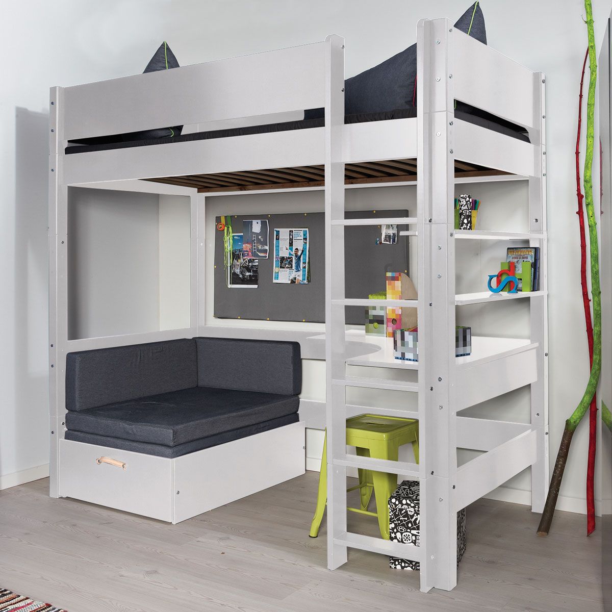 Manis-h Hochbett FENRIS 90x200 cm, einfarbig mit Sofamodul - 22 Farben wählbar