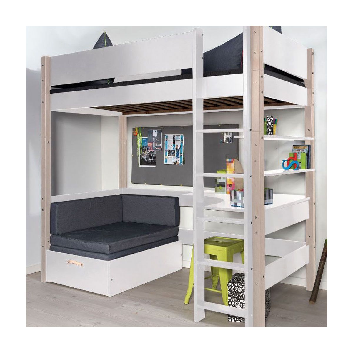 Manis-h Hochbett FENRIS 90x200 cm, Pfosten Buche mit Sofamodul - 22 Farben wählbar