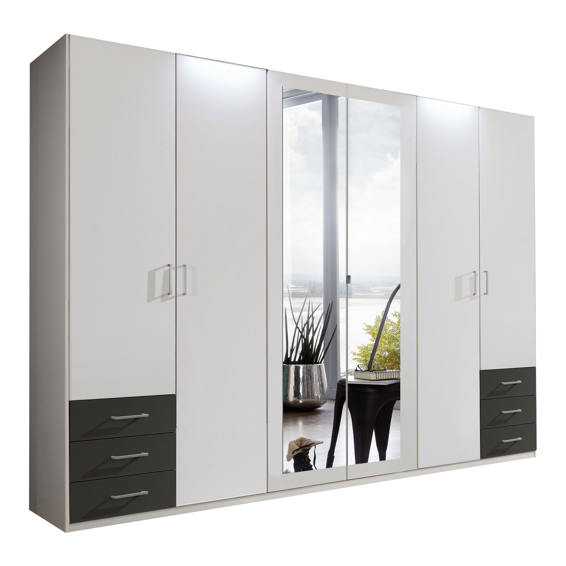 Wimex Fügen Kleiderschrank 270 cm 2 Spiegel Weiß/Grafit