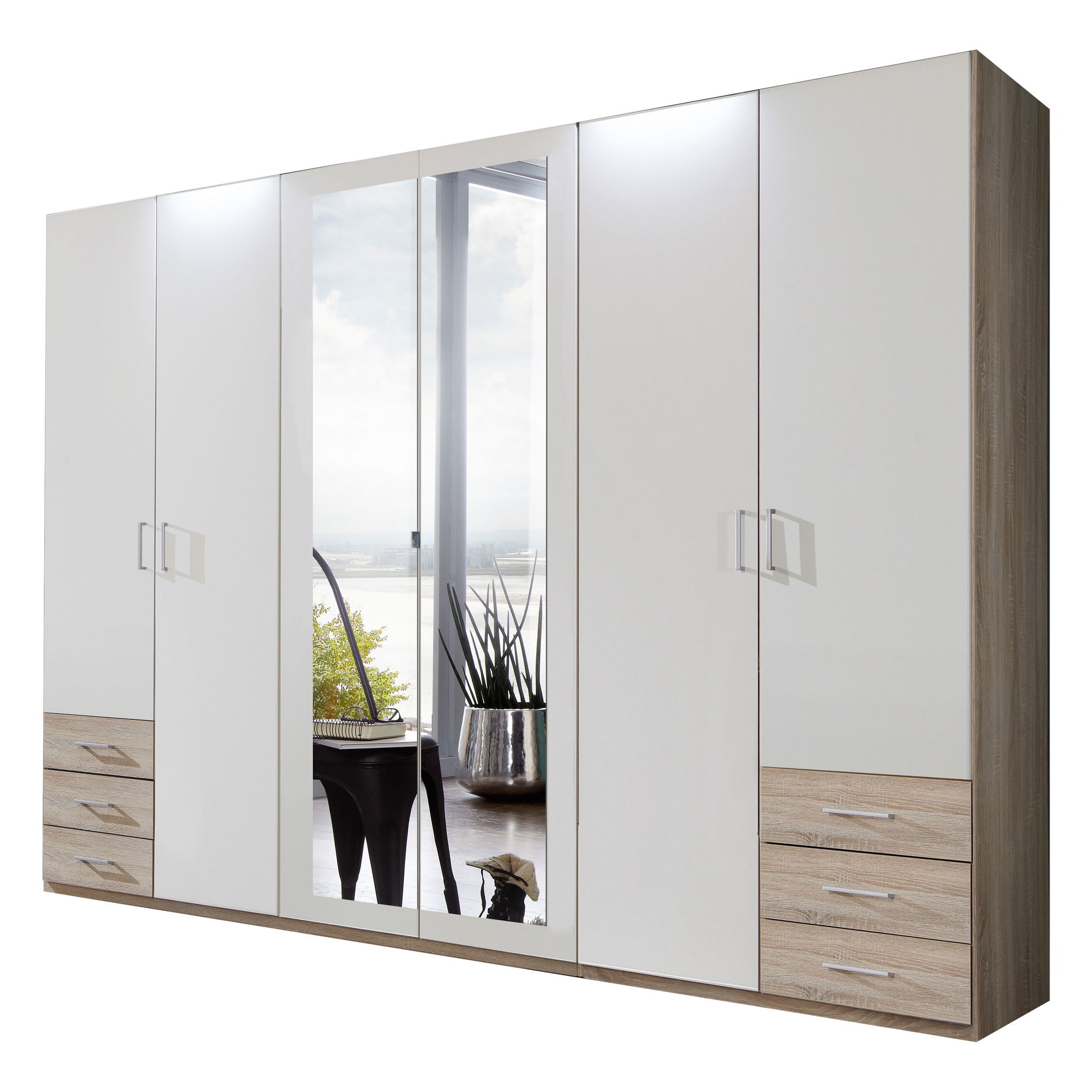 Wimex Fügen Kleiderschrank 270 cm 2 Spiegel Weiß/Eiche sägerau-Nachbildung