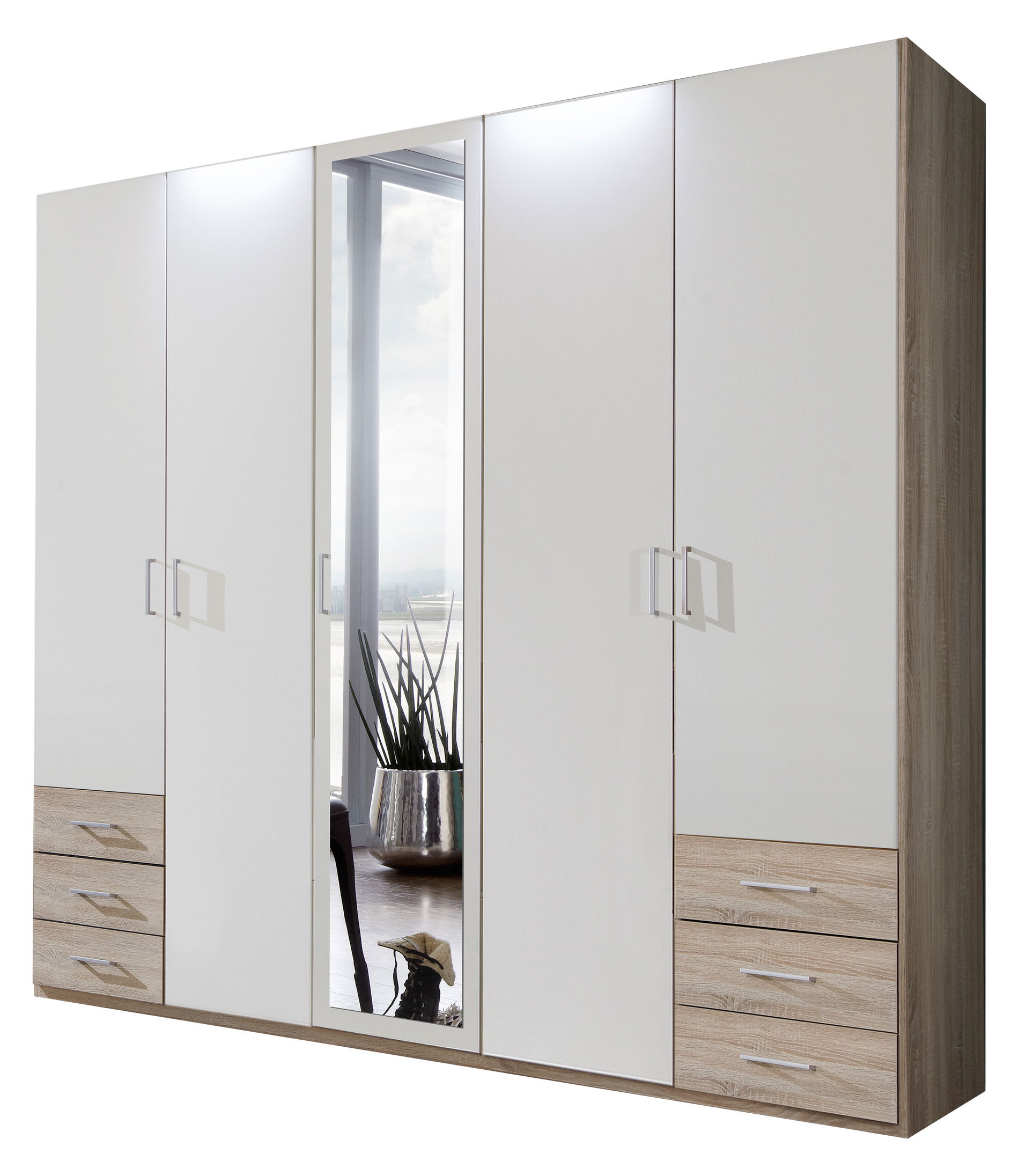 Wimex Fügen Kleiderschrank 225 cm 1 Spiegel Weiß/Eiche sägerau-Nachbildung