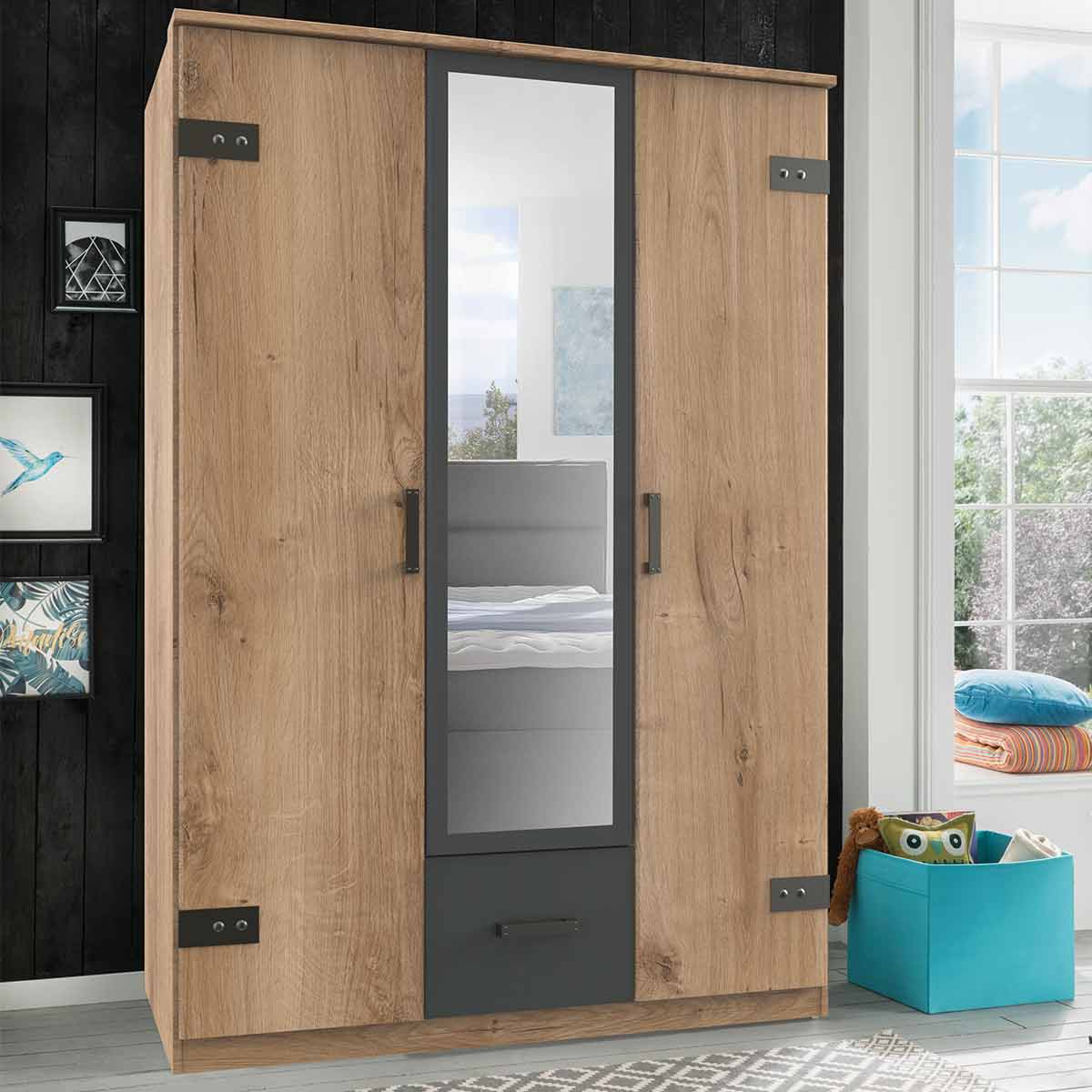 Wimex Glasgow Kleiderschrank 135 cm 1 Spiegel Plankeneiche Dekor/Graphit