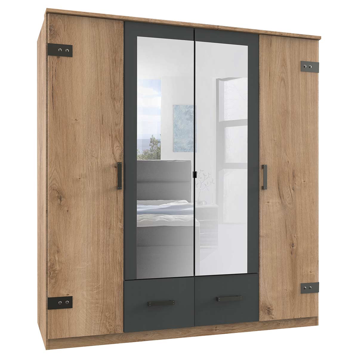 Wimex Glasgow Kleiderschrank 180 cm 2 Spiegel Plankeneiche Dekor/Graphit