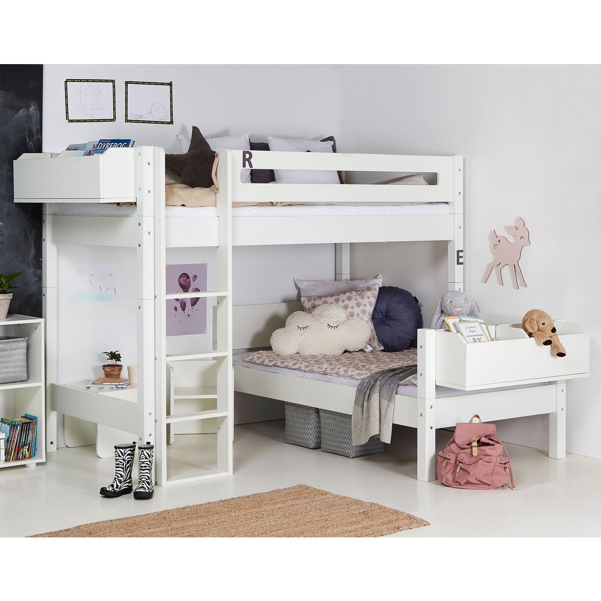 Manis-h Etagenbett GLEN einfarbig flexibles Kombibett - 22 Farben wählbar ( Farbe Bett: Snow White / -11, mit Absturzsicherung NORMAL 10400-Farbe, Snow White / -11)