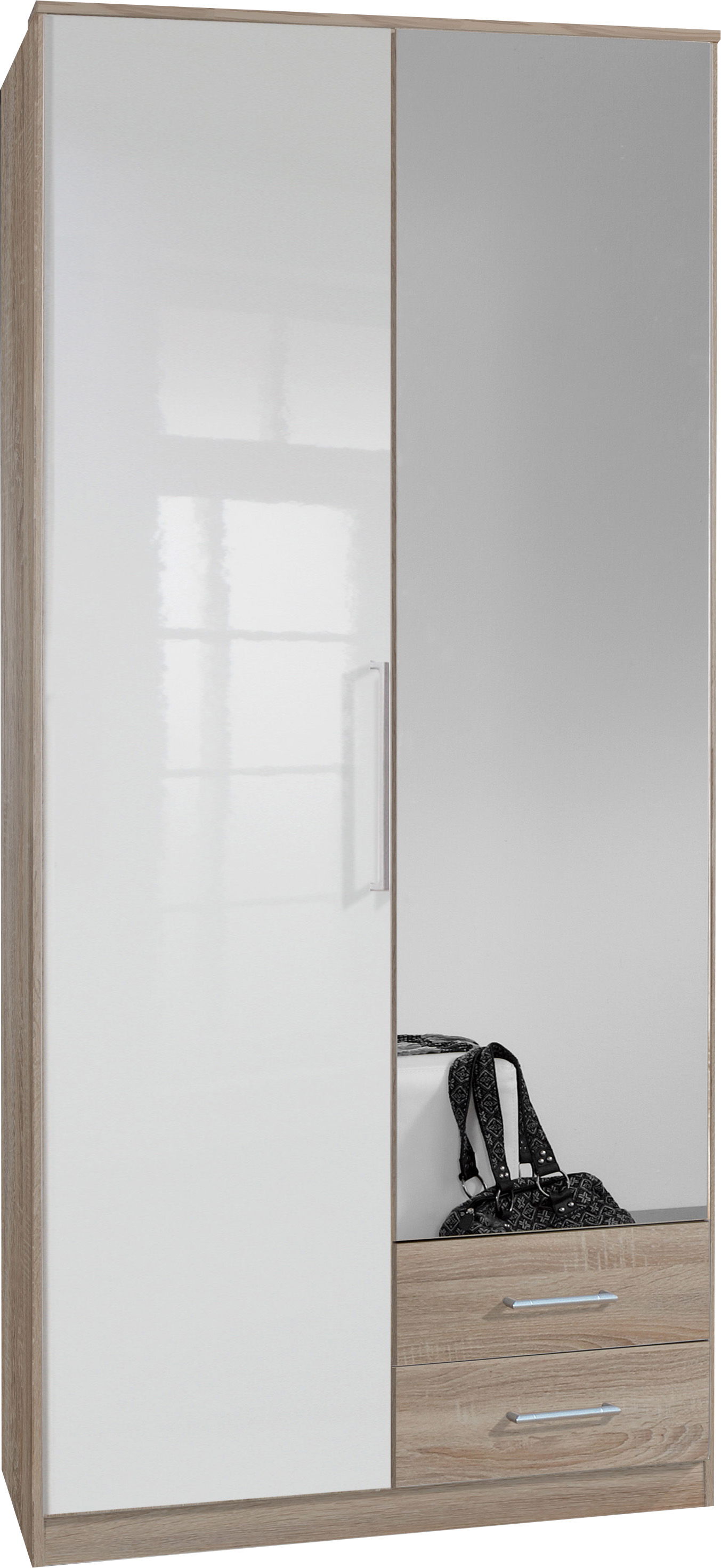 Wimex Greven Kleiderschrank 2T 2S 1 Spiegel Hochglanz Lack Weiß/Eiche sägerau-Nachbildung
