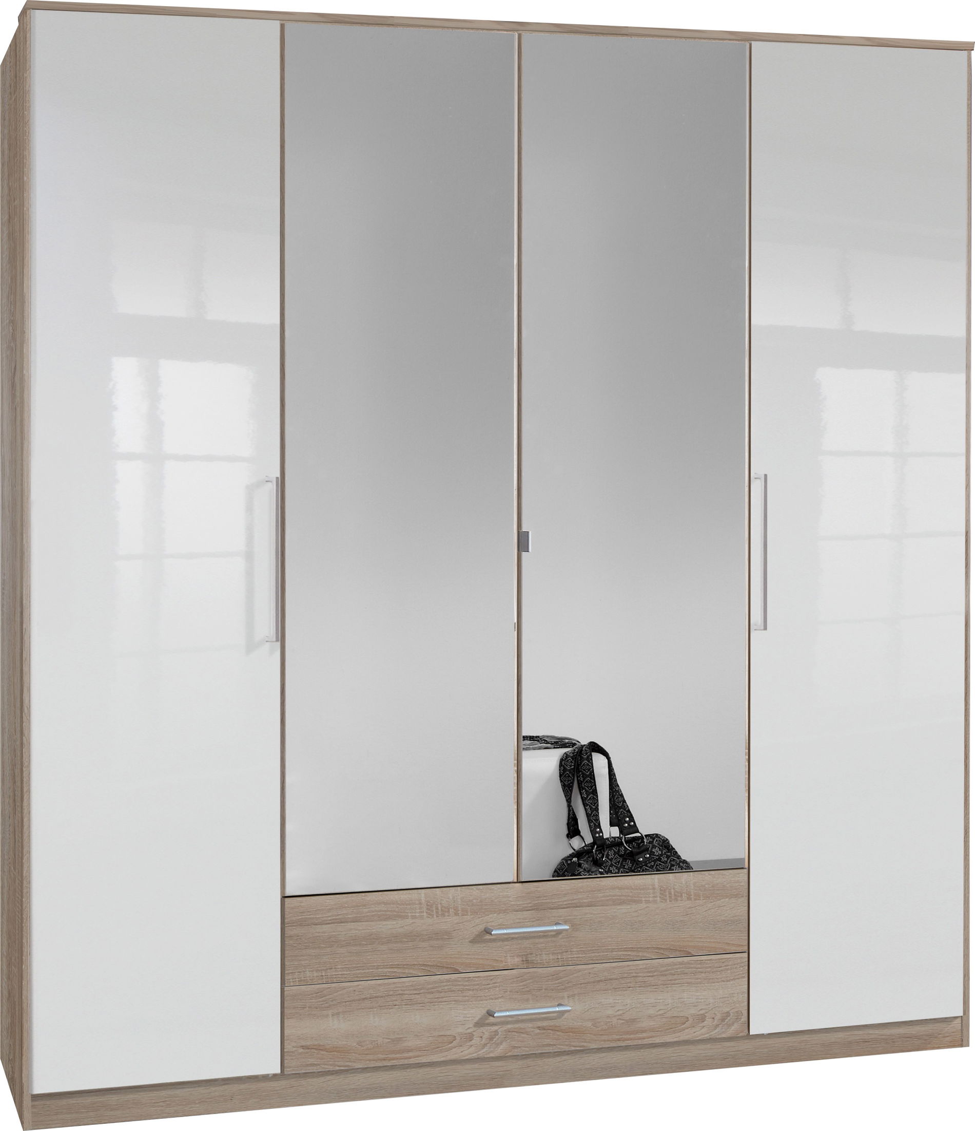 Wimex Greven Kleiderschrank 4T 2S 2 Spiegel Hochglanz Lack Weiß/Eiche sägerau-Nachbildung
