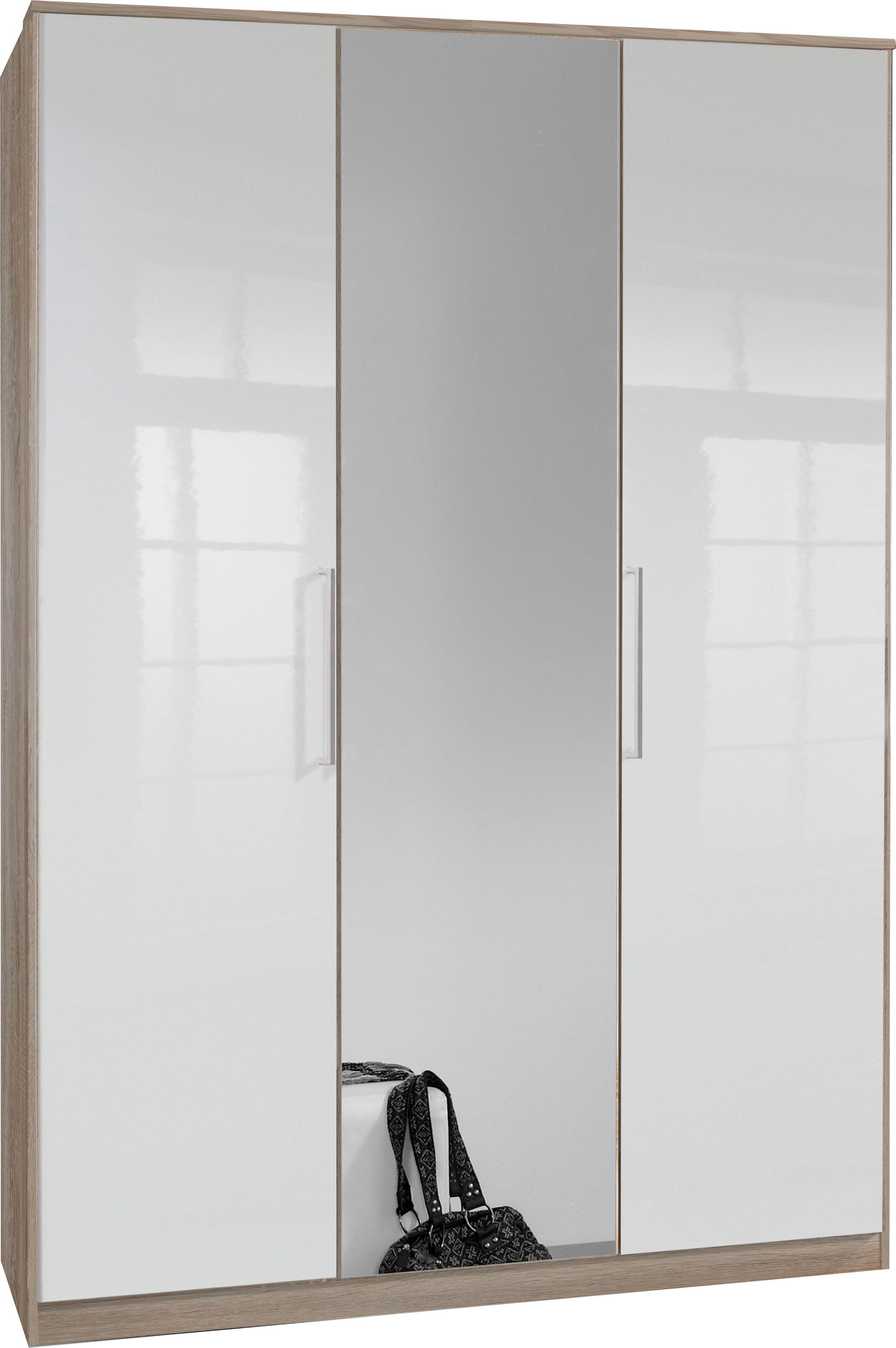 Wimex Greven Kleiderschrank 3T 1 Spiegel Hochglanz Lack Weiß/Eiche sägerau-Nachbildung