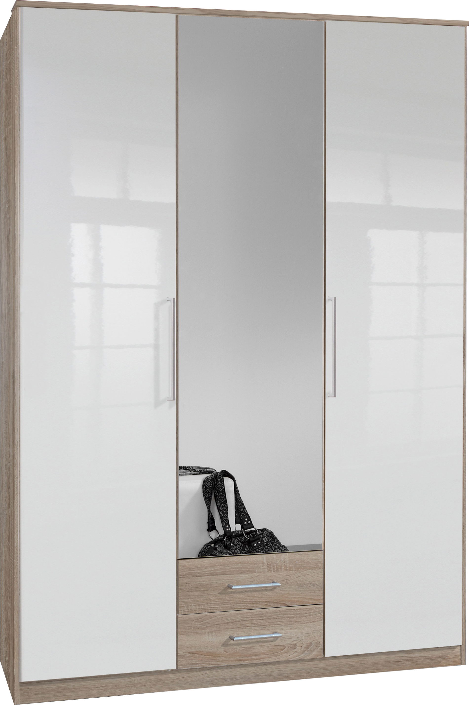 Wimex Greven Kleiderschrank 3T 2S 1 Spiegel Hochglanz Lack Weiß/Eiche sägerau-Nachbildung