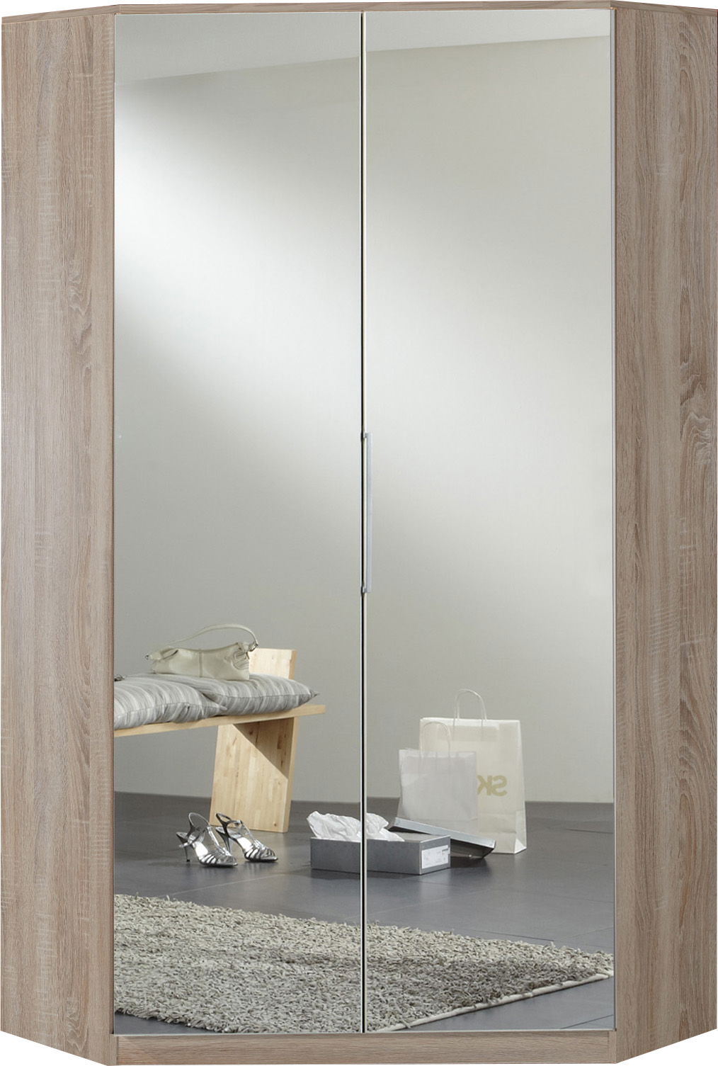 Wimex Greven Eckschrank 2 Spiegel Hochglanz Lack Weiß/Eiche sägerau-Nachbildung