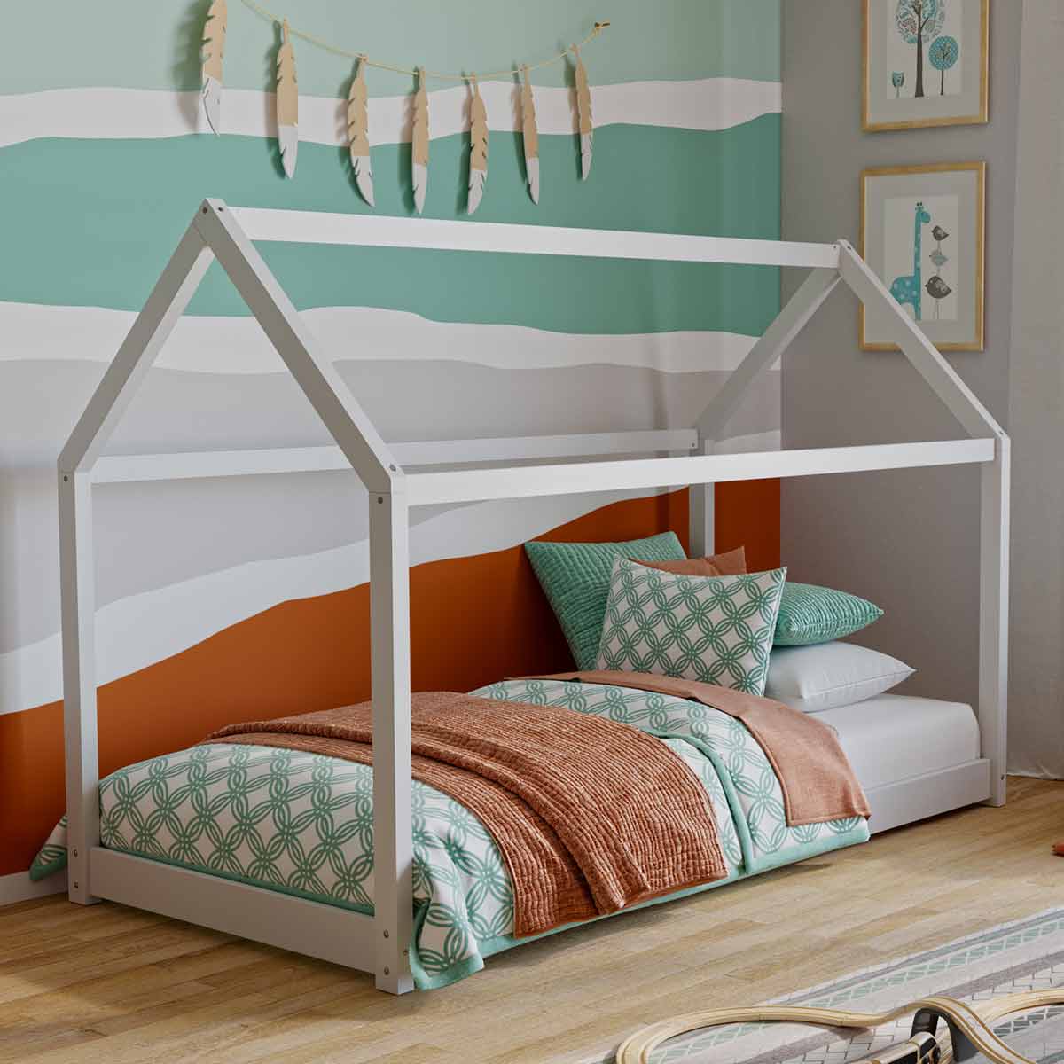 Artkid Haley Weiß Montessori Hausbett Bodenbett 90x200, inkl. Lattenrost, Kiefer