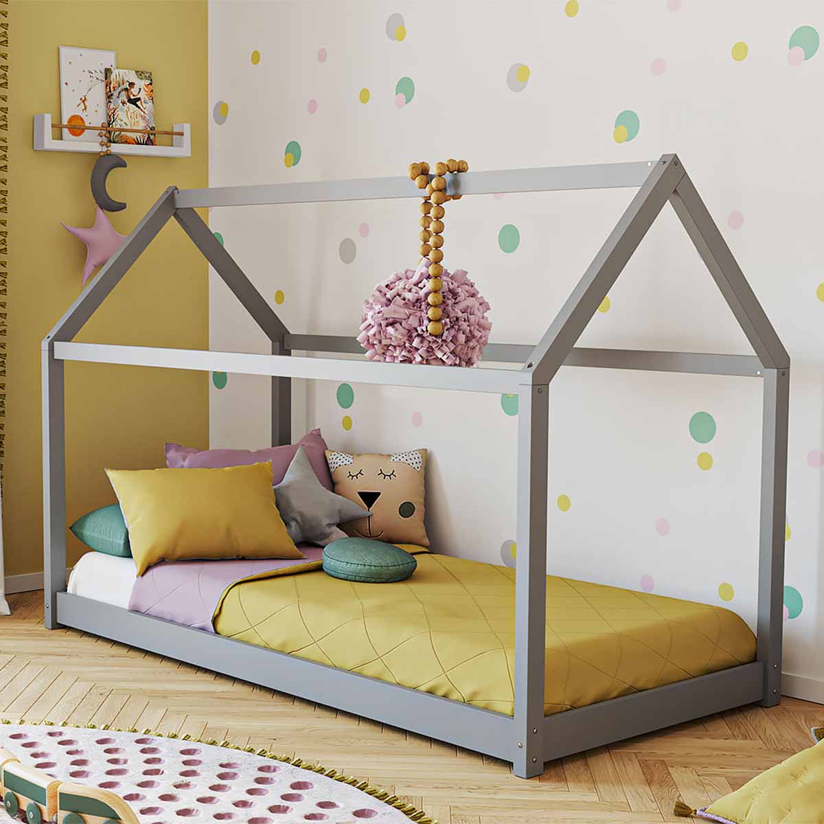 Artkid Haley Grau Montessori Hausbett Bodenbett 90x200, inkl. Lattenrost, massive Kiefer