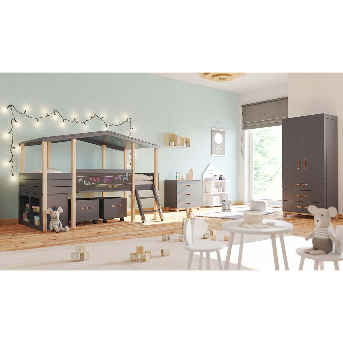 Nature Kid Cory Kinderzimmer grau 7-teilig mit Hausbett 90 x 200 cm mit Dach