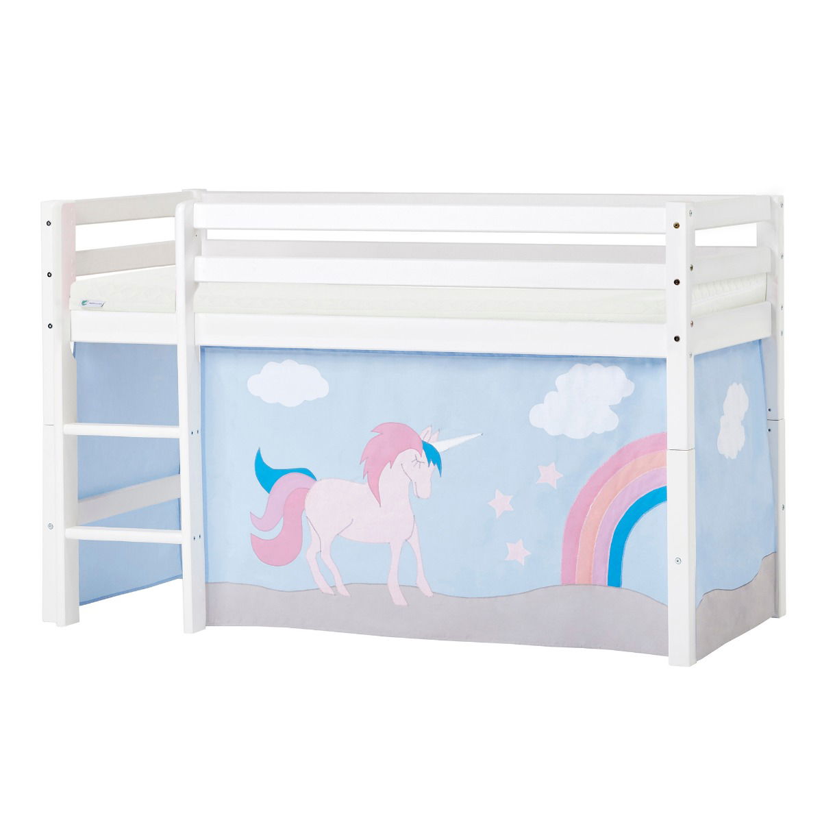 Hoppekids ECO Dream Halbhochbett 70x160 cm mit UNICORN Vorhang und ECO Dream-Matratze
