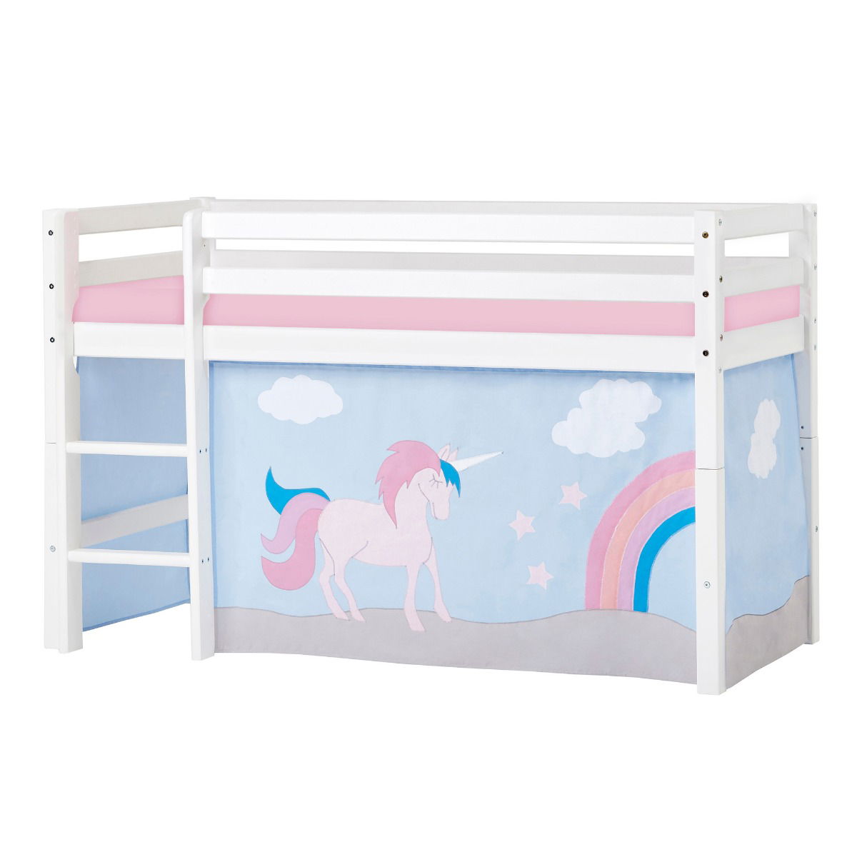 Hoppekids ECO Dream Halbhochbett 70x160 cm mit UNICORN Vorhang und Kaltschaum-Matratze