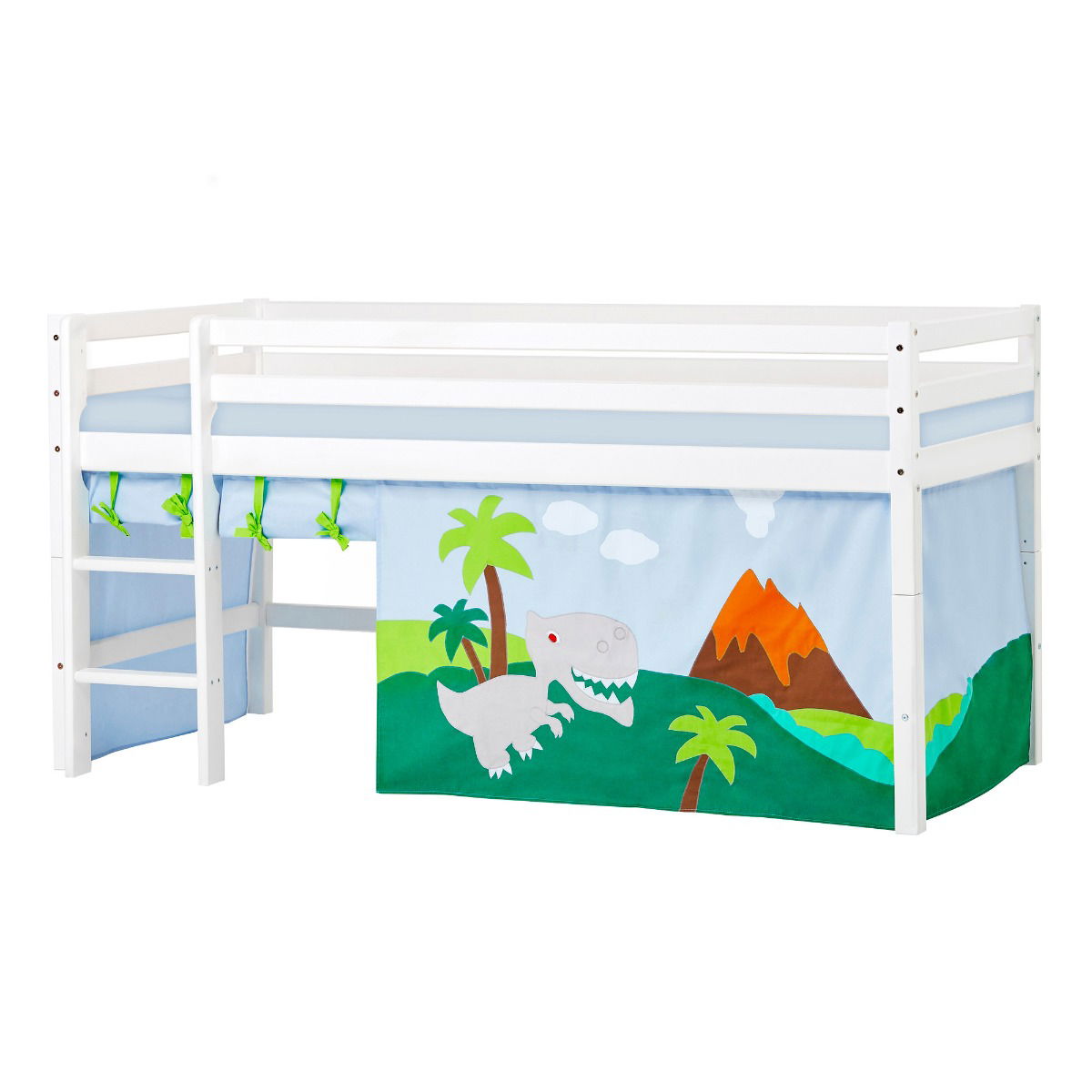 Hoppekids ECO Dream Halbhochbett 90x200 cm mit DINOSAUR Vorhang und Kaltschaum-Matratze