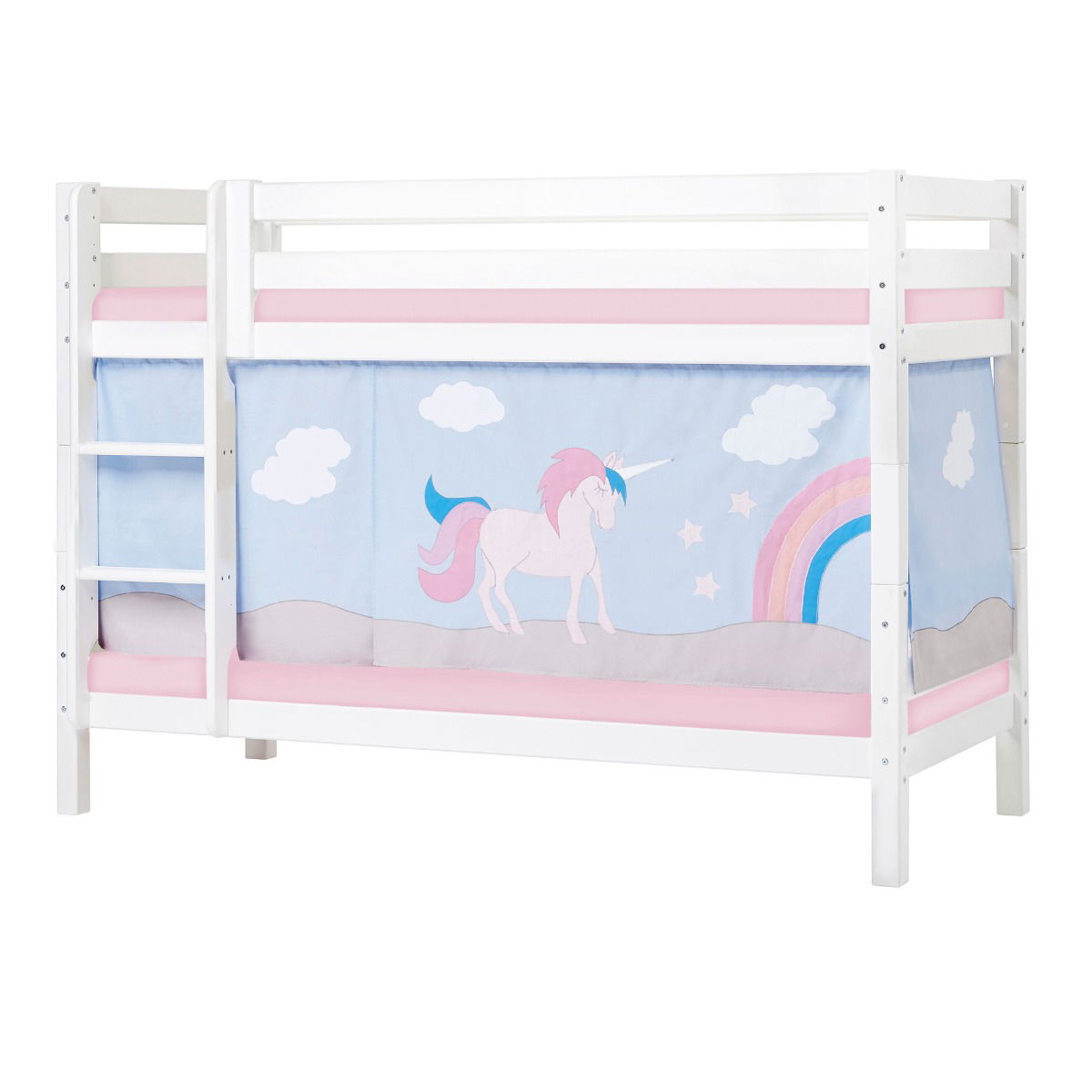 Hoppekids ECO Luxury Etagenbett 90x200 mit UNICORN-Vorhang und Kaltschaum-Matratze