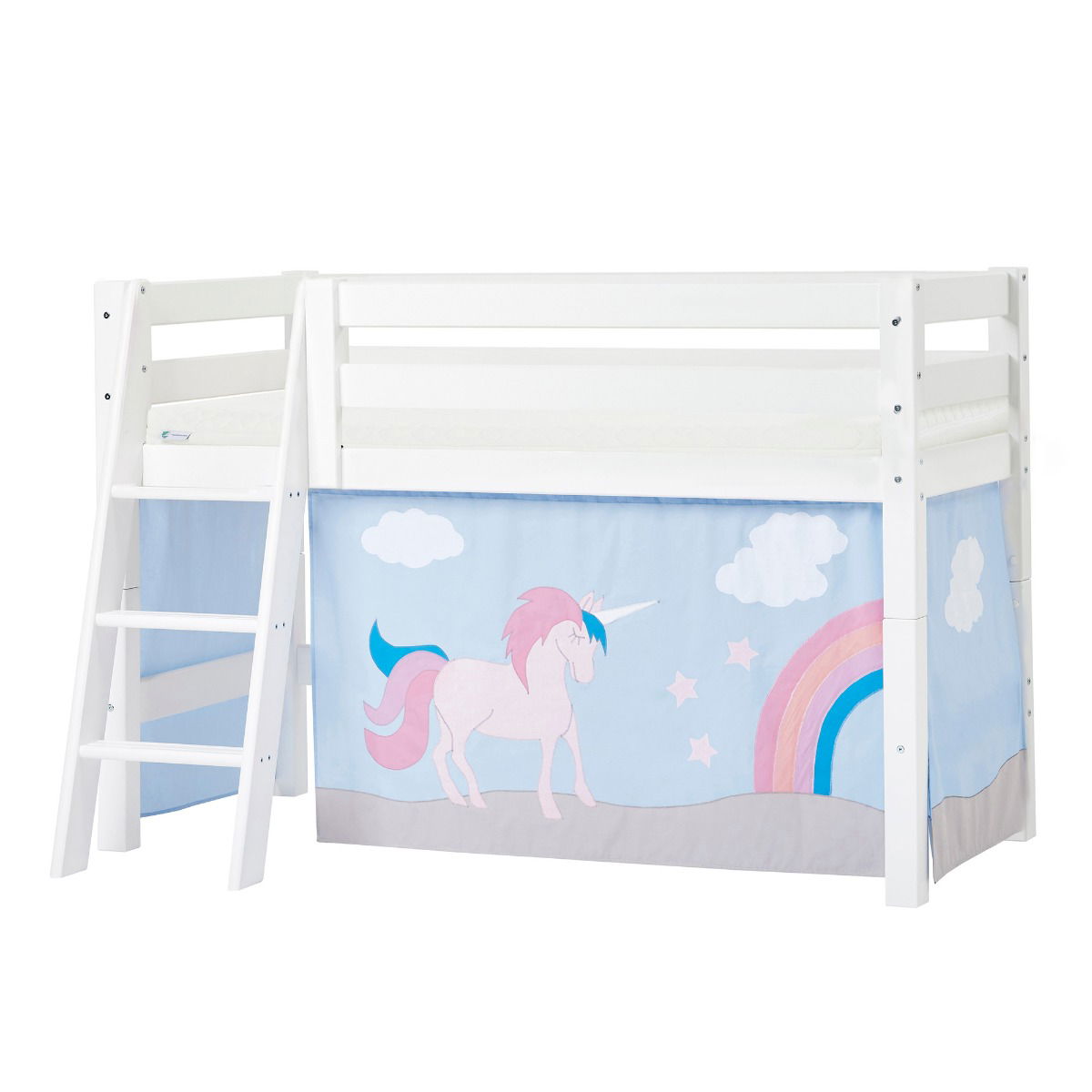 Hoppekids ECO Luxury Halbhochbett 70x160 cm mit schräger Leiter mit UNICORN-Vorhang und ECO Luxury Matratze