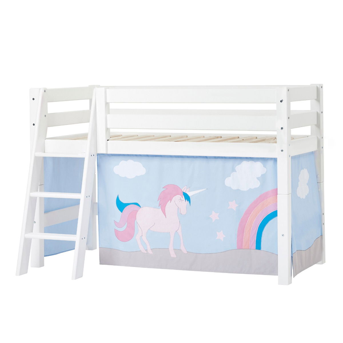 Hoppekids ECO Luxury Halbhochbett 70x160 cm mit schräger Leiter und mit UNICORN-Vorhang