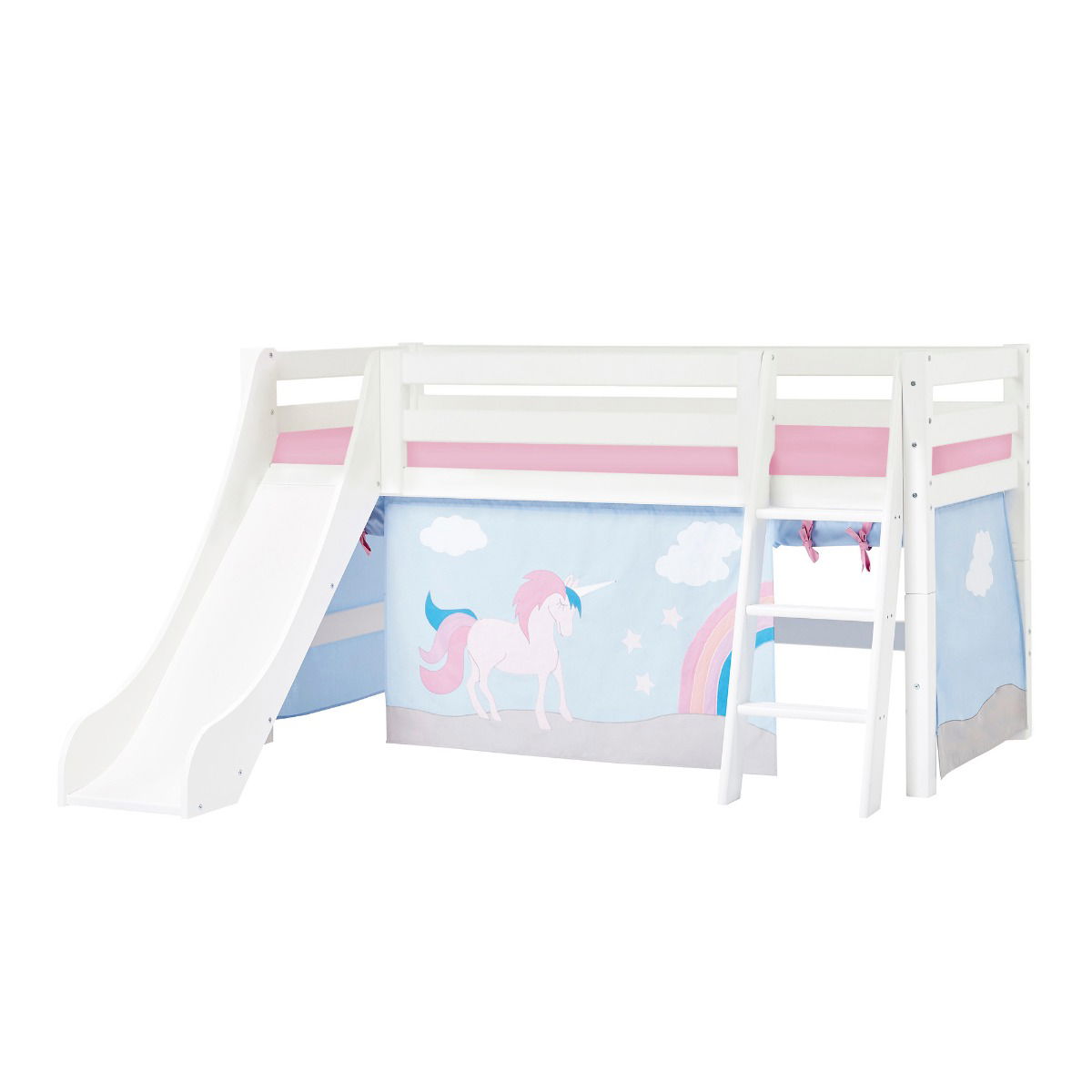 Hoppekids ECO Luxury Halbhochbett 90x200 cm mit schräger Leiter Rutsche mit UNICORN-Vorhang und Schaummatratze