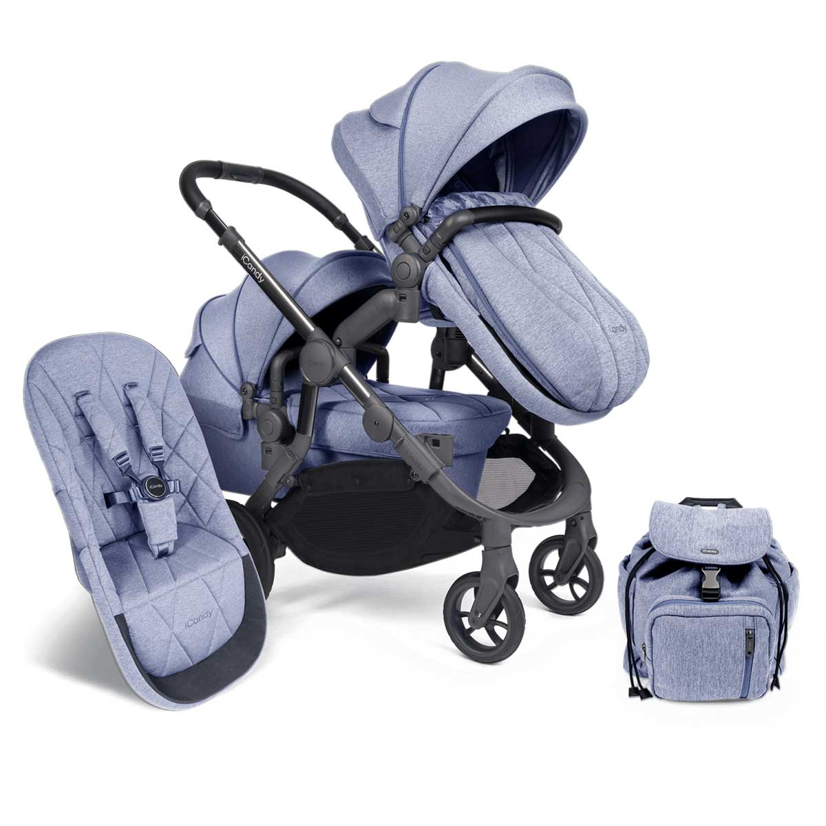 iCandy Orange Double Combo Mist Blue Marl Geschwisterkinderwagen | inkl. praktischem Zubehör