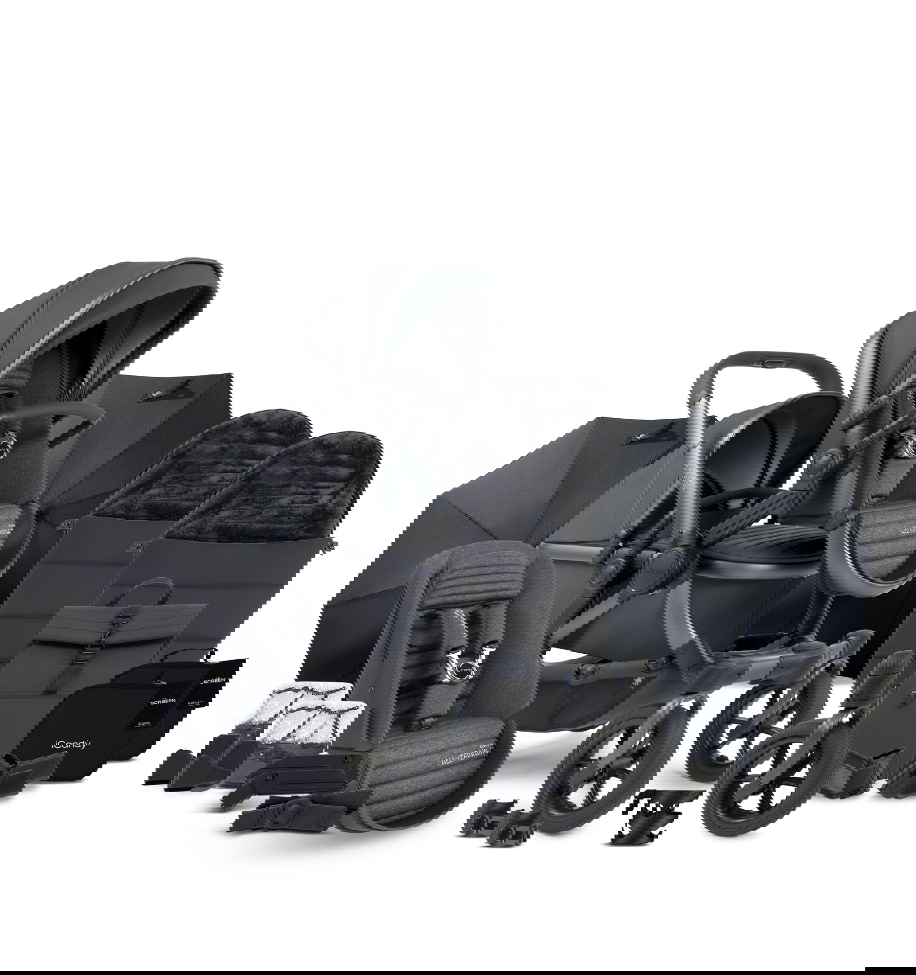 iCandy Peach All Terrain Storm Double Complete Bundle Grey mit Wickeltasche