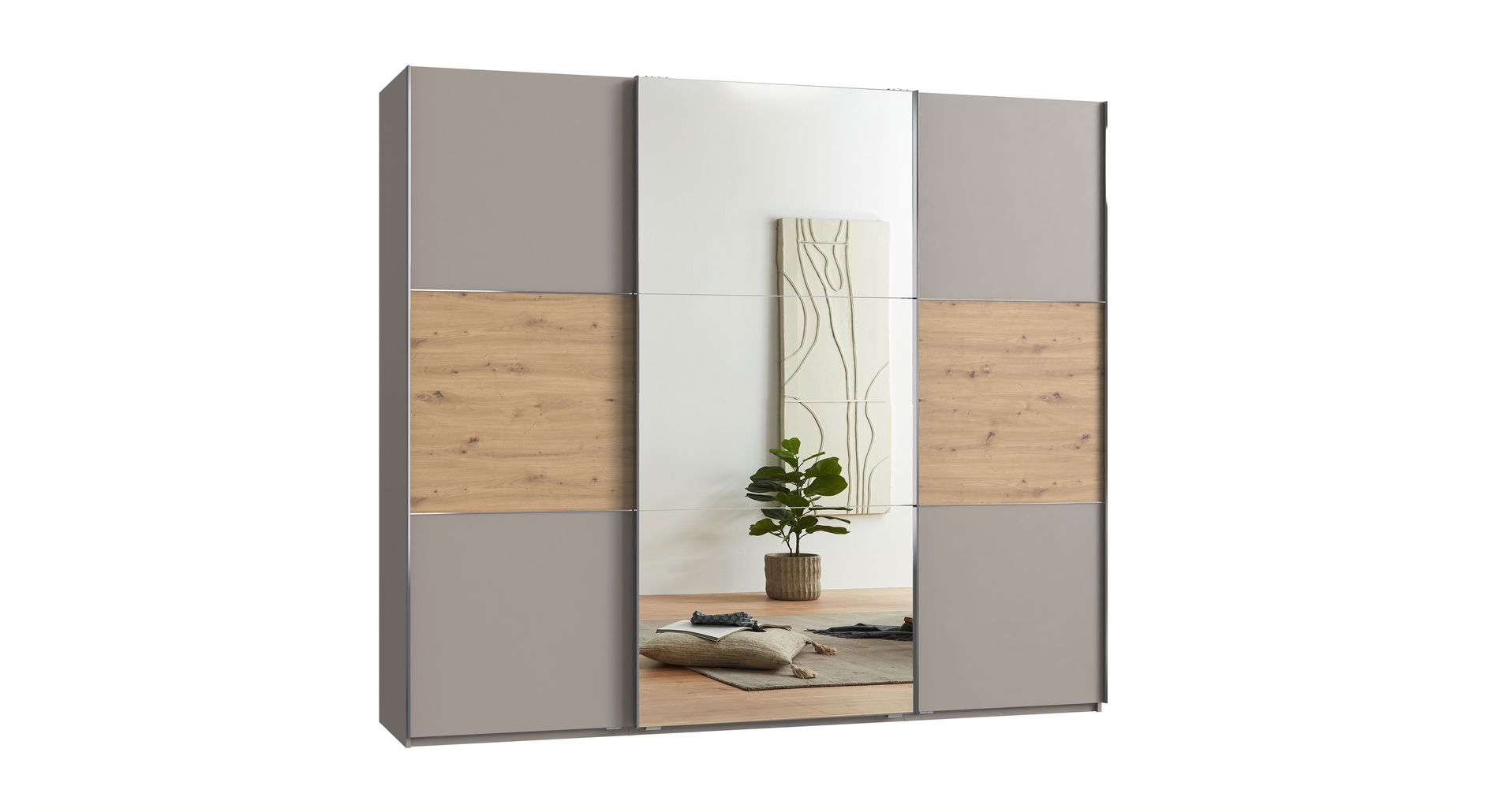 Wimex indiana A Schwebetürenschrank 250 cm Spiegel Saharagrau/Artisan-Eiche-Nachbildung