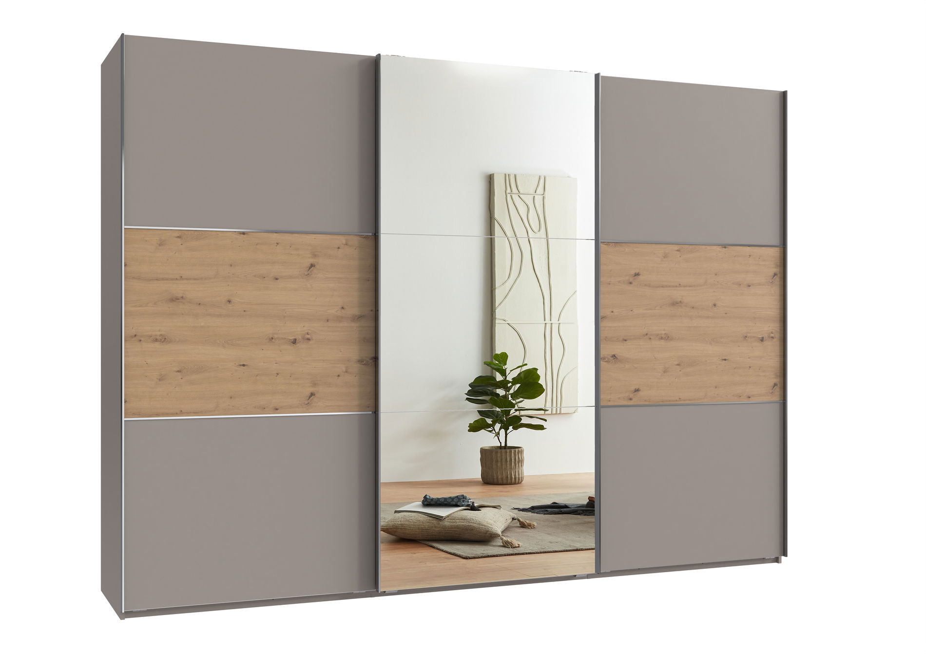 Wimex indiana A Schwebetürenschrank 300 cm Spiegel Saharagrau/Artisan-Eiche-Nachbildung