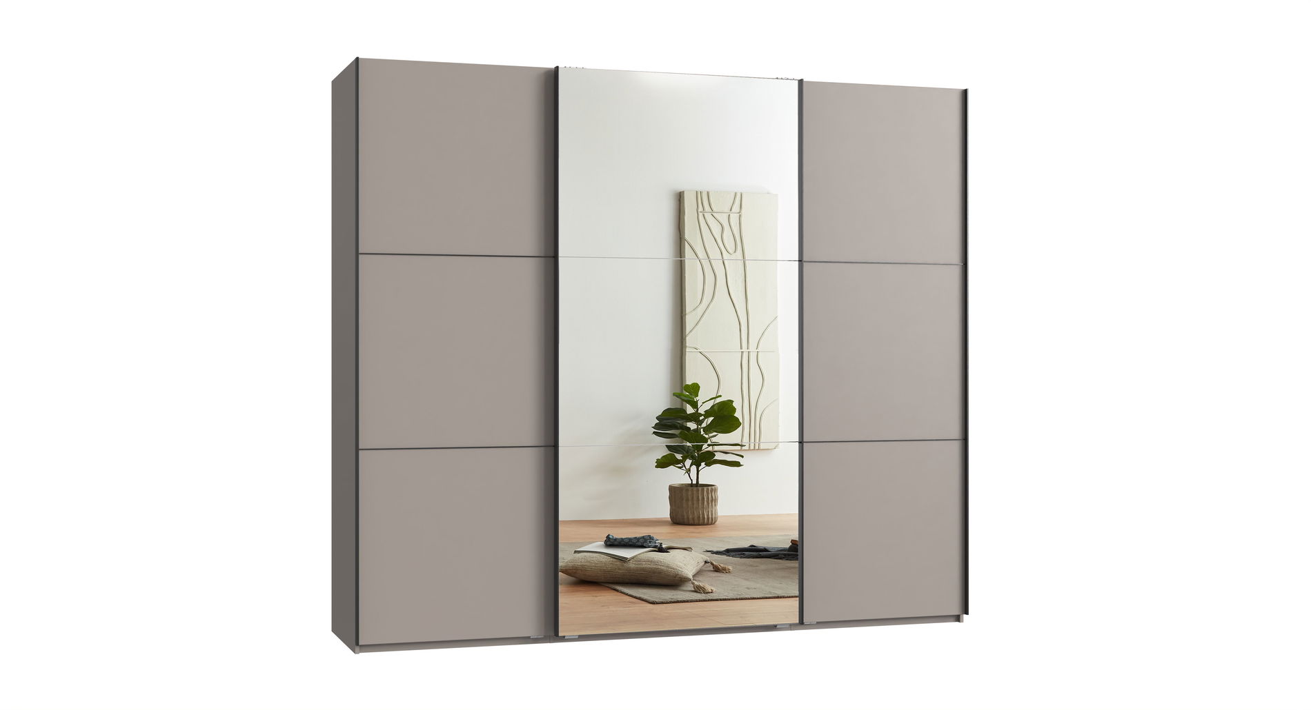 Wimex indiana A Schwebetürenschrank 250 cm Spiegel Saharagrau/Schwarz