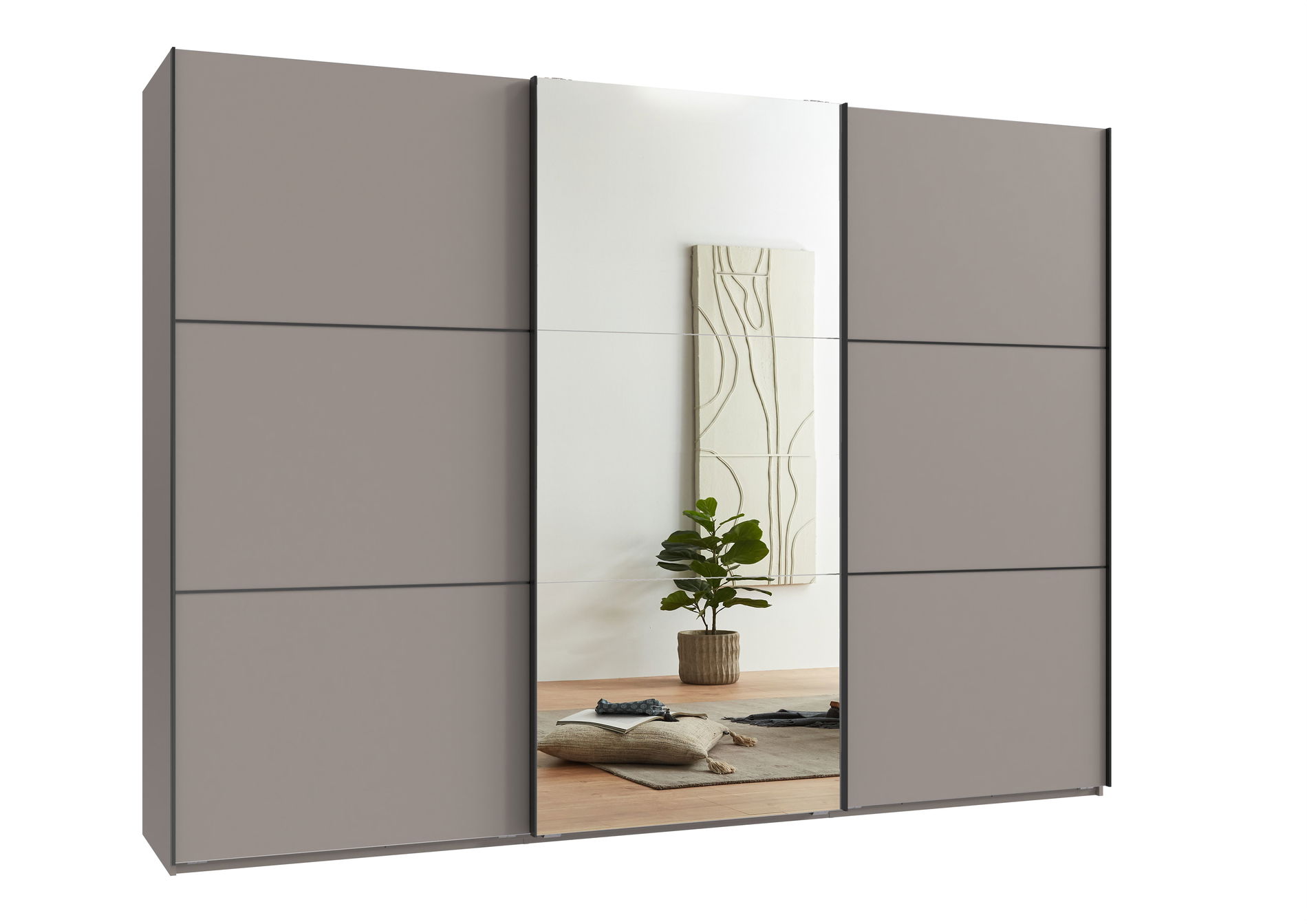 Wimex indiana A Schwebetürenschrank 300 cm Spiegel Saharagrau/Schwarz