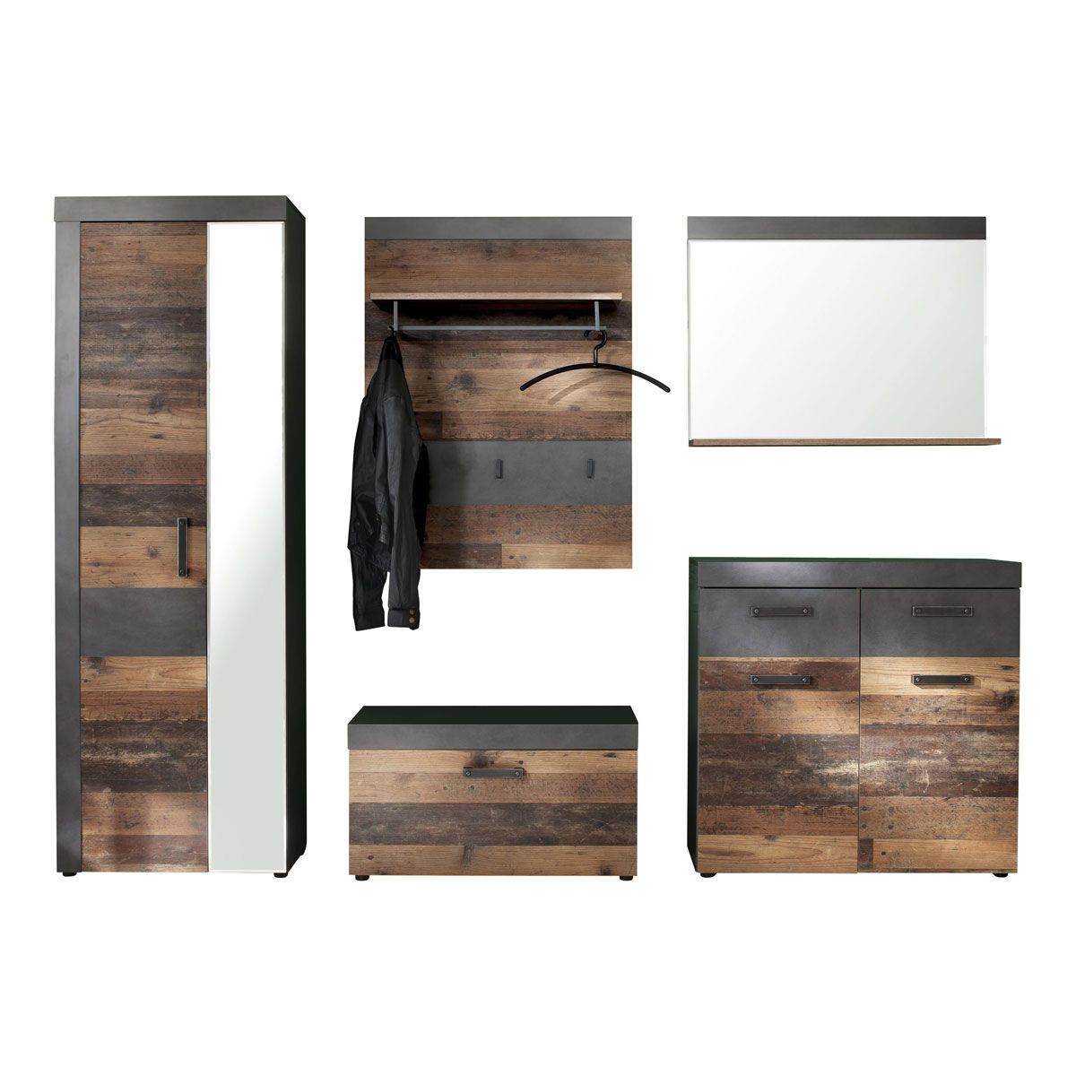 trendteam Indy Garderoben-Set 5-teilig Old Wood / Graphit Grau