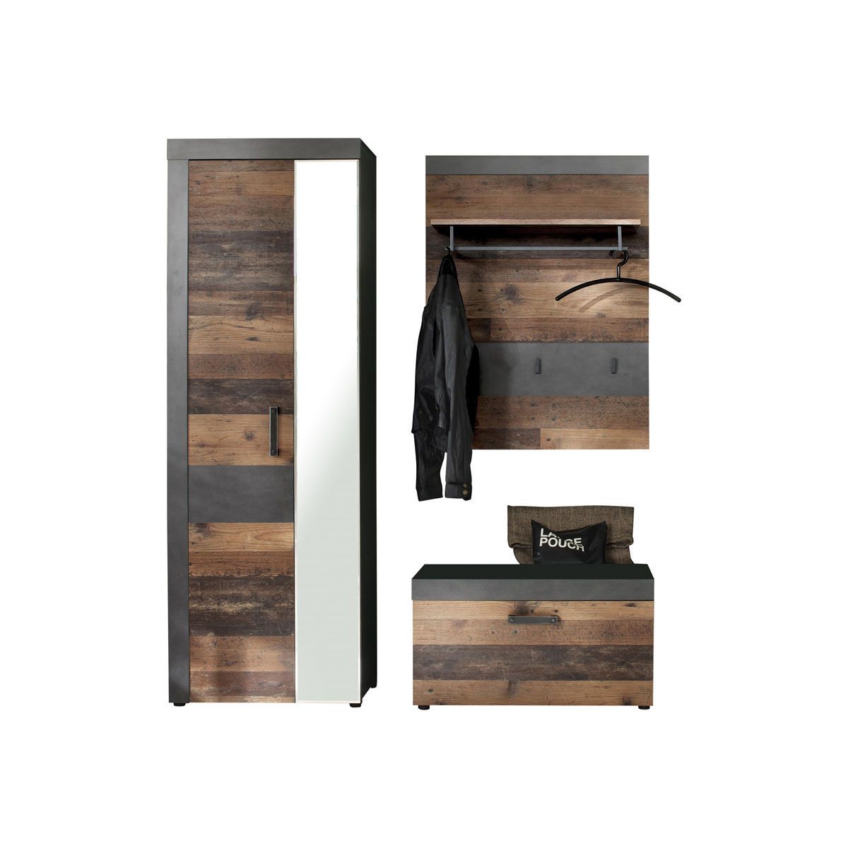 trendteam Indy Garderoben-Set 3-teilig Old Wood / Graphit Grau | Planeel, Bank, Schrank